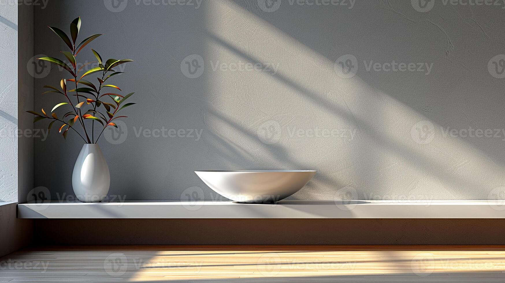 A vase with a plant in it sitting on a shelf photo