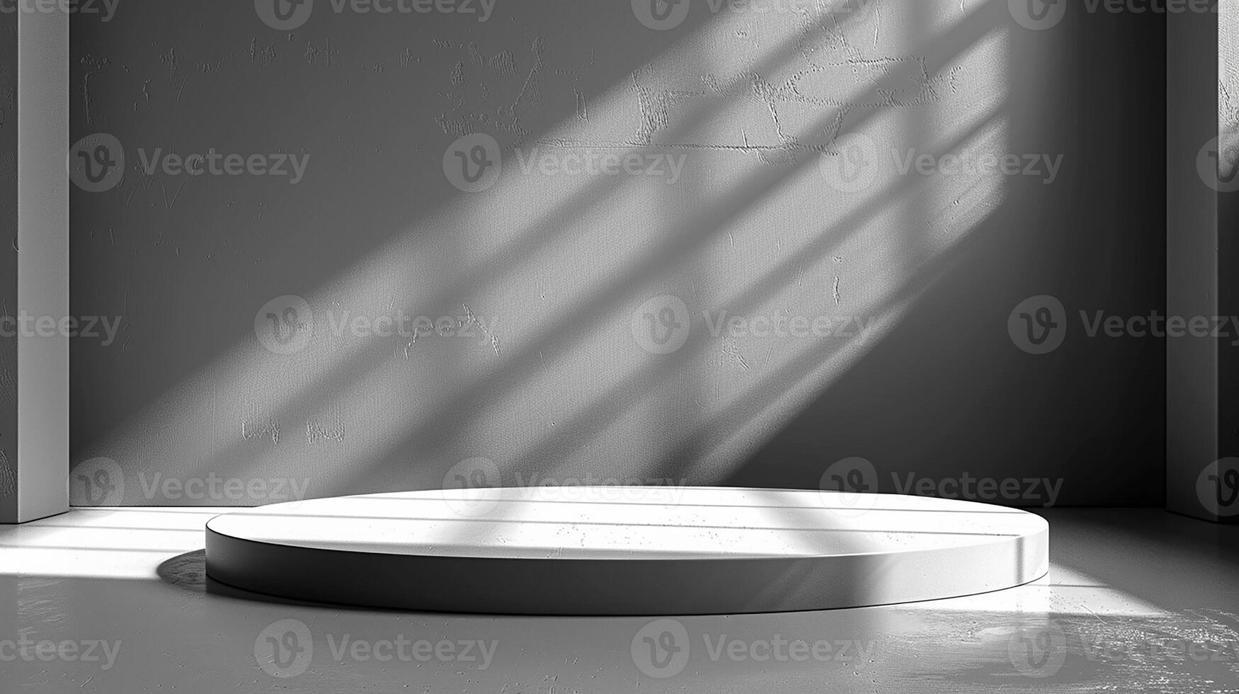 Empty white round podium in a room with sunlight photo