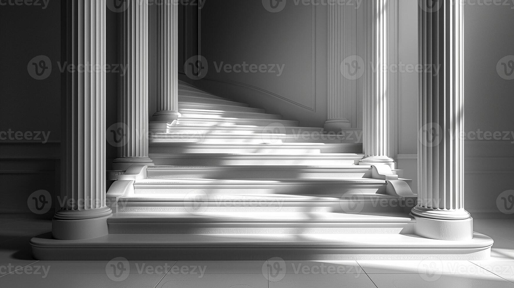 A staircase with pillars and light coming from the windows photo