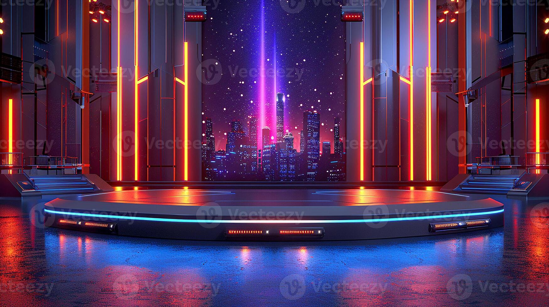 A futuristic stage with neon lights and a stage photo