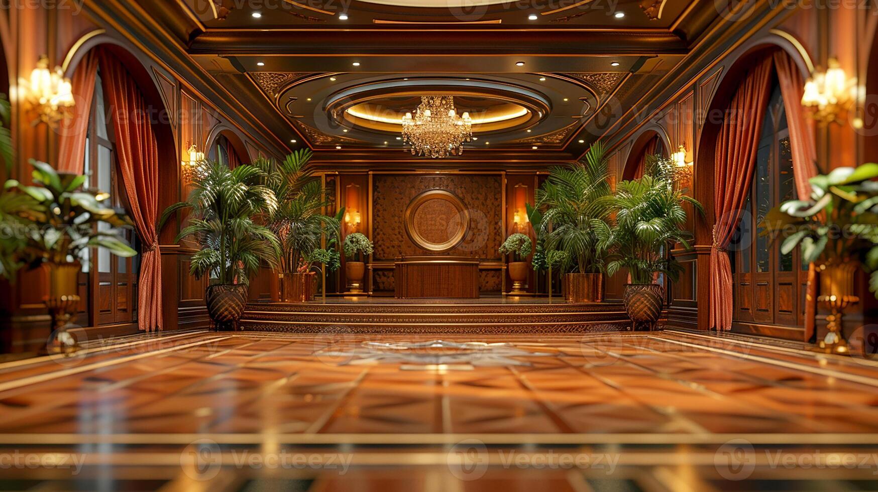 A fancy hallway with a chandelier and a large table photo