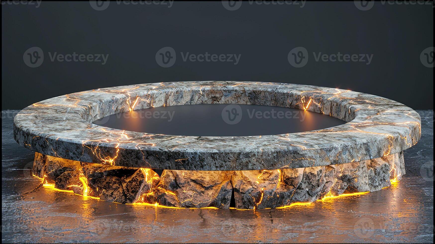 A circular stone fire pit with glowing orange flames photo