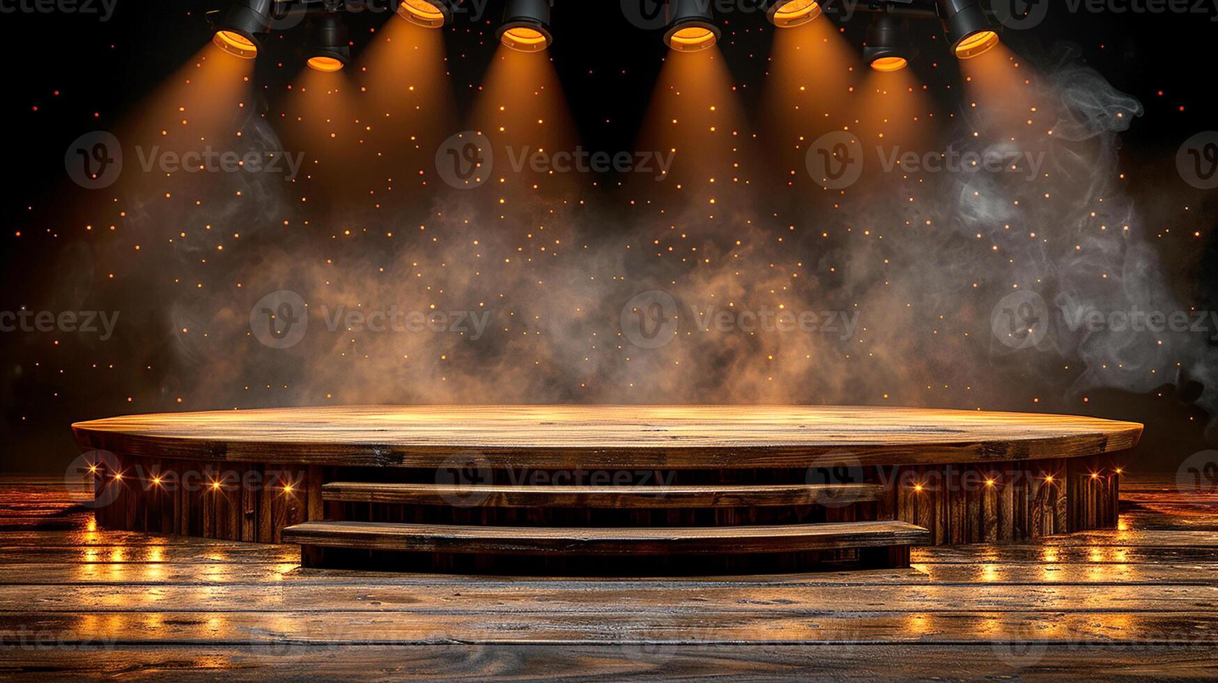 Stage with lights and smoke on a wooden floor photo