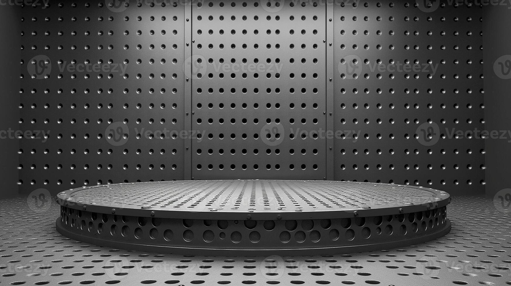 A metal room with a round table and holes photo