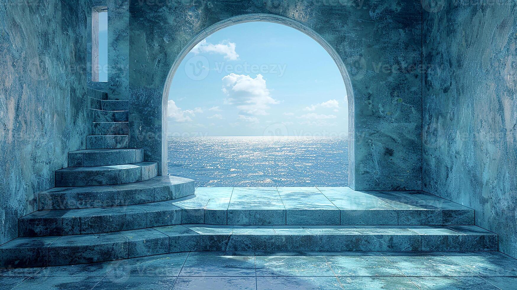 A room with stairs leading to the ocean photo