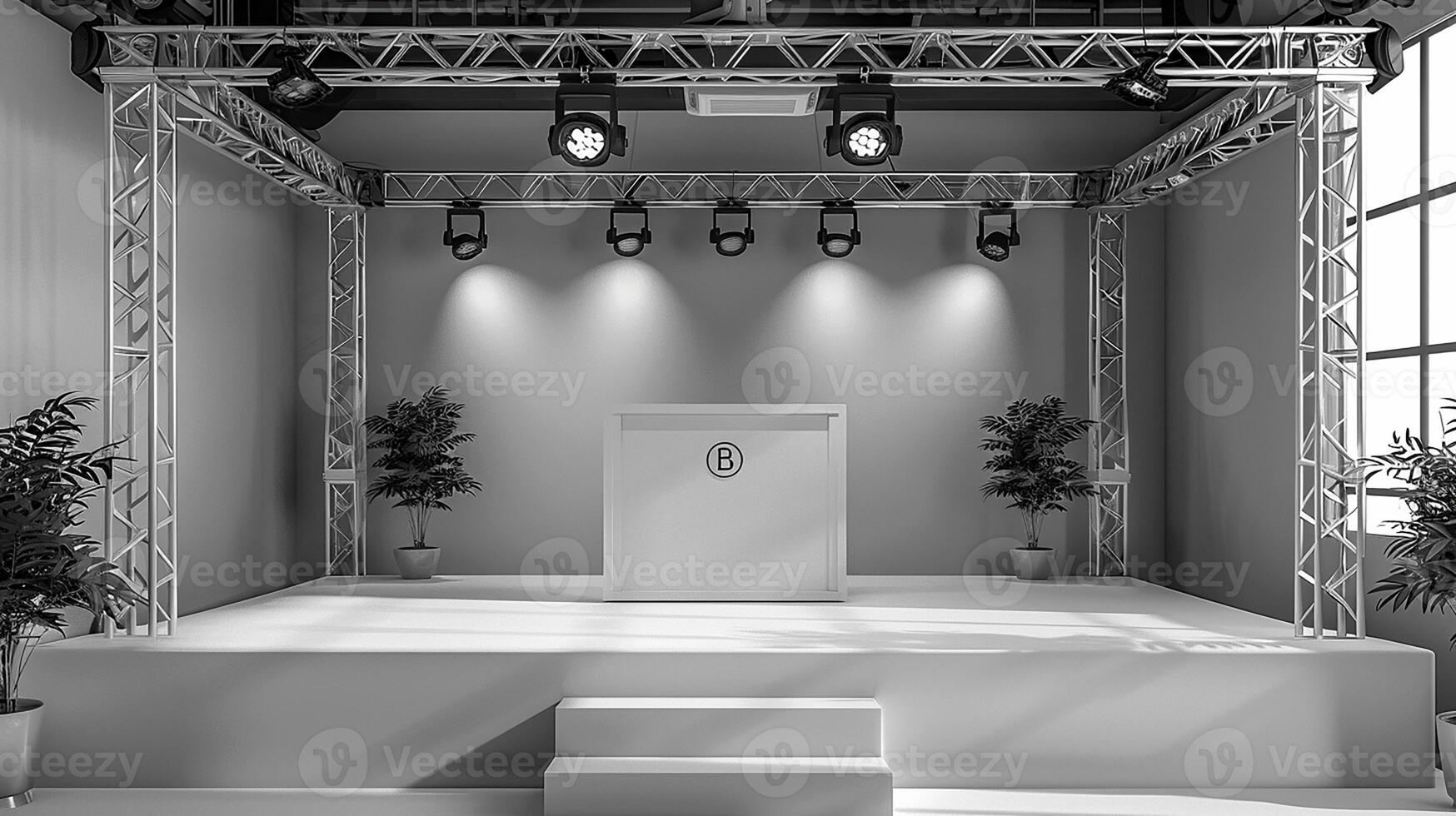 A stage with lights and a podium in front of it photo