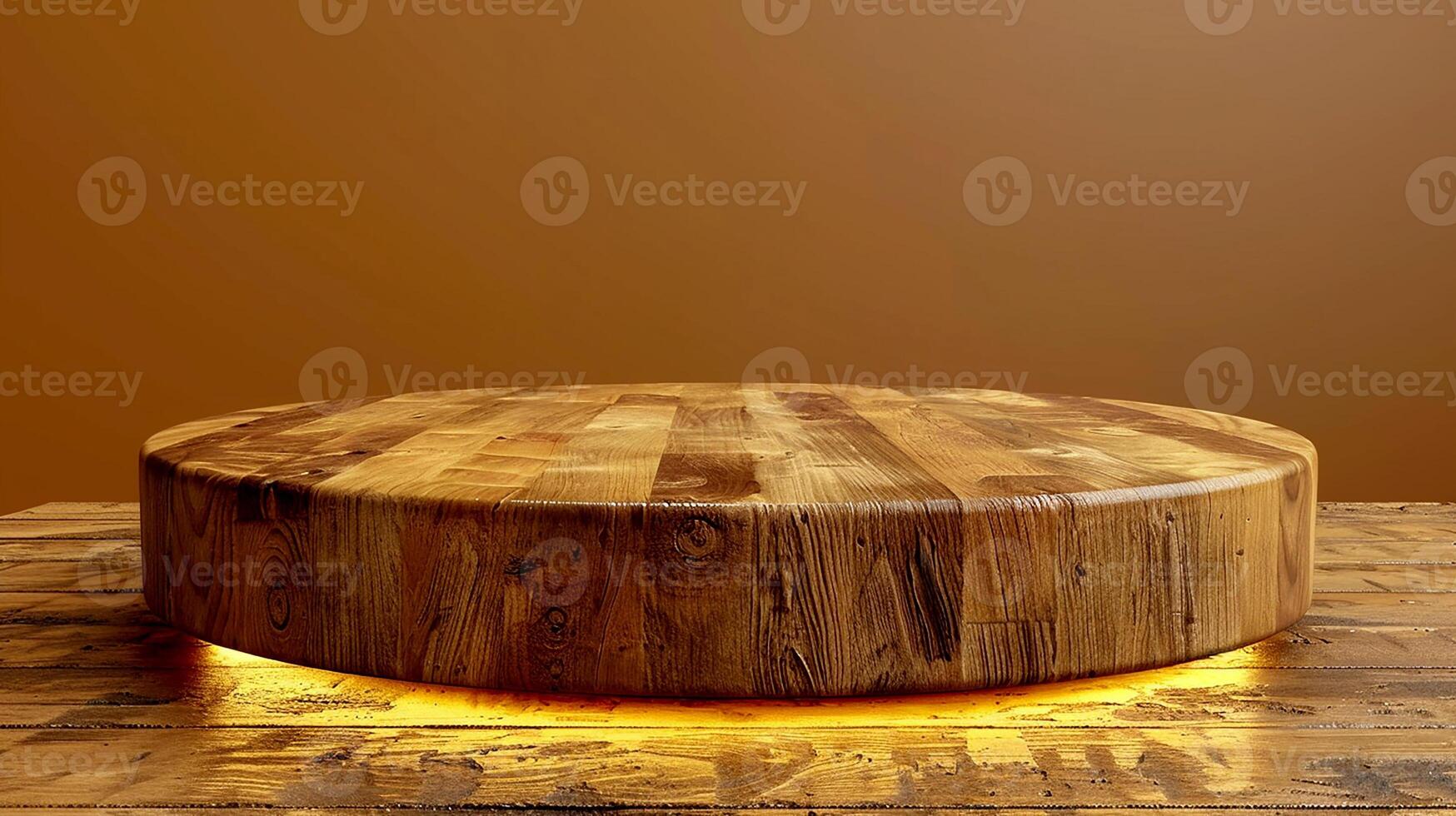A round wooden table with a light on top photo