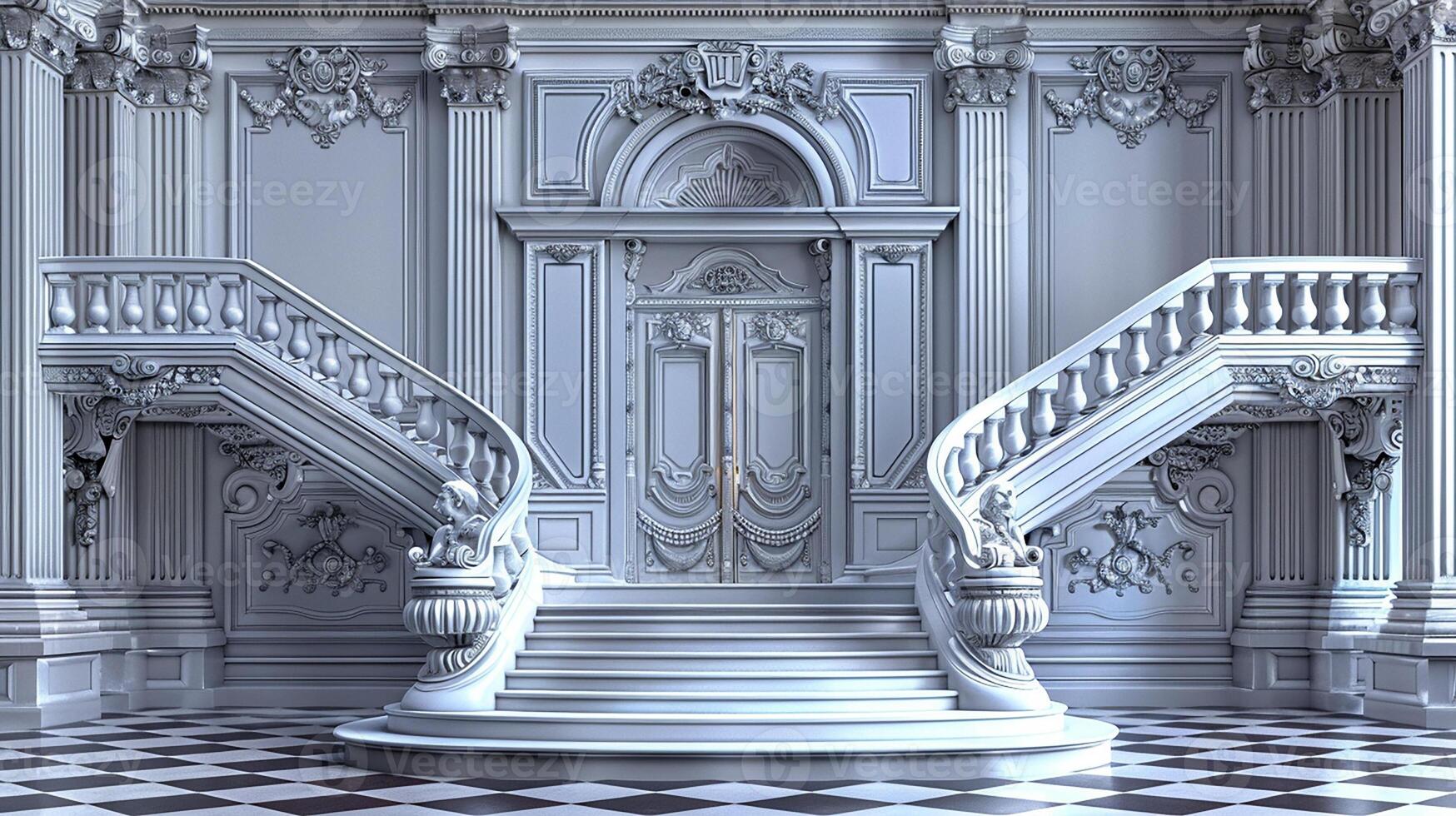 A large room with a staircase and a checkered floor photo