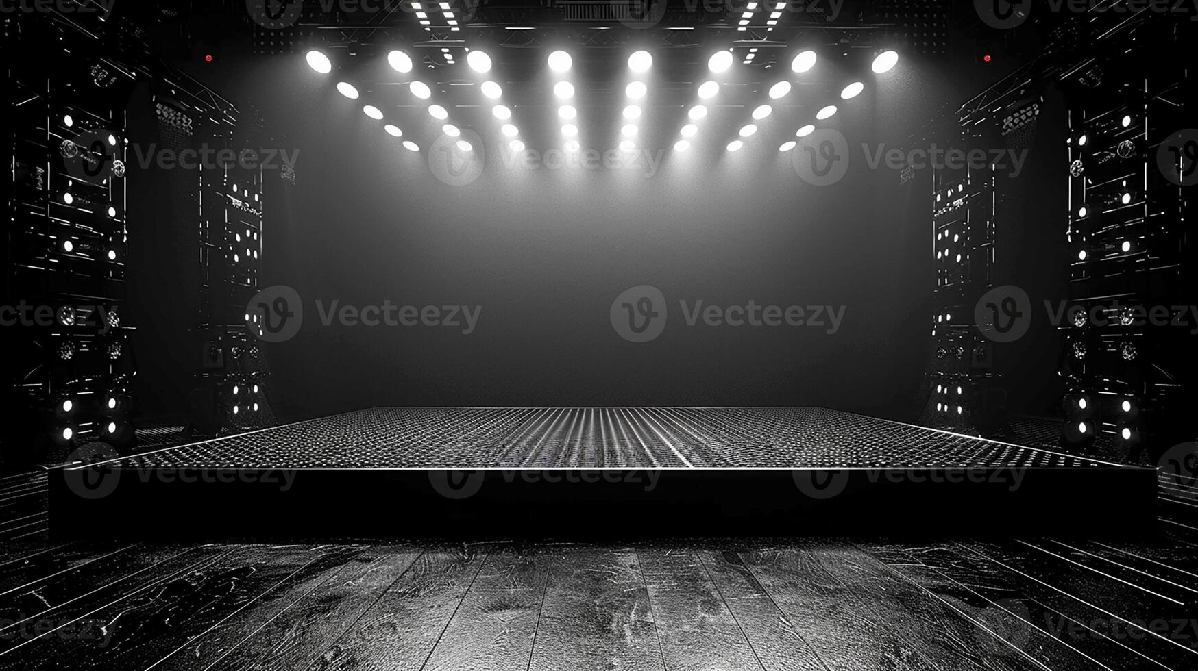 Black and white photo of a stage with lights