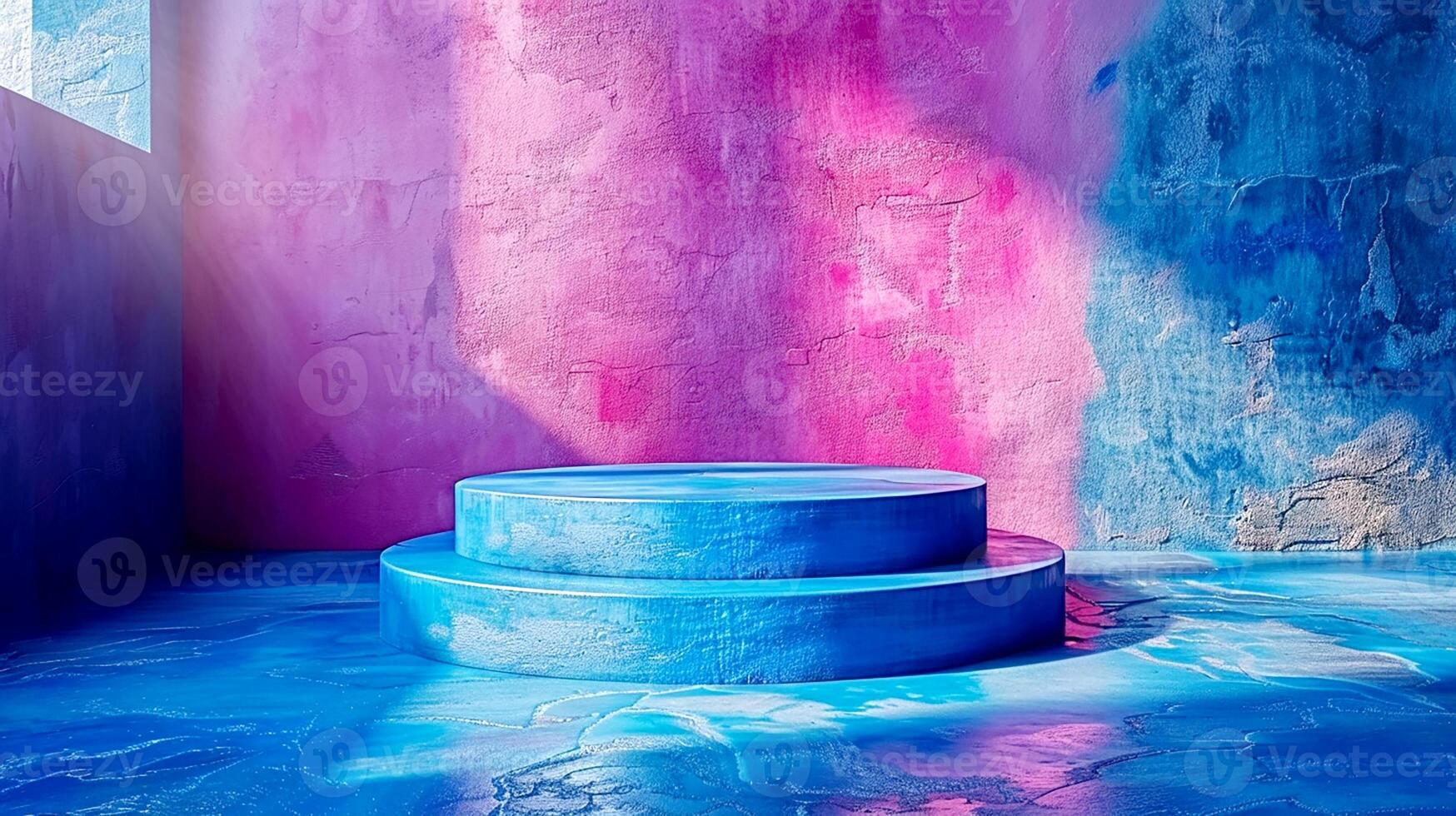 A blue and pink room with a large pedestal photo
