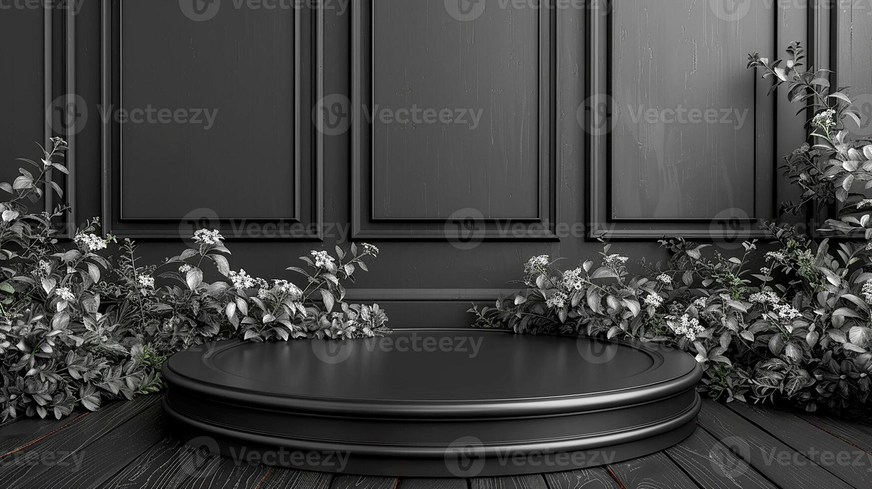 Black wooden floor with plants and flowers photo