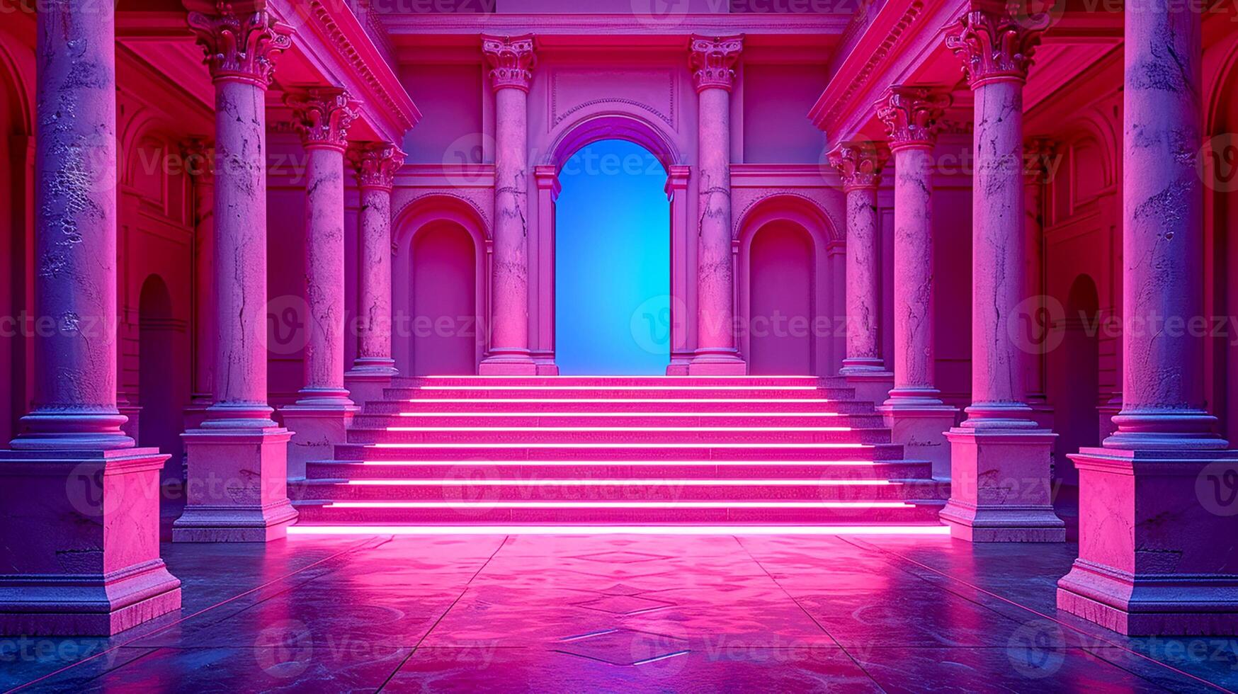 A pink neon light is shining in a room with stairs photo