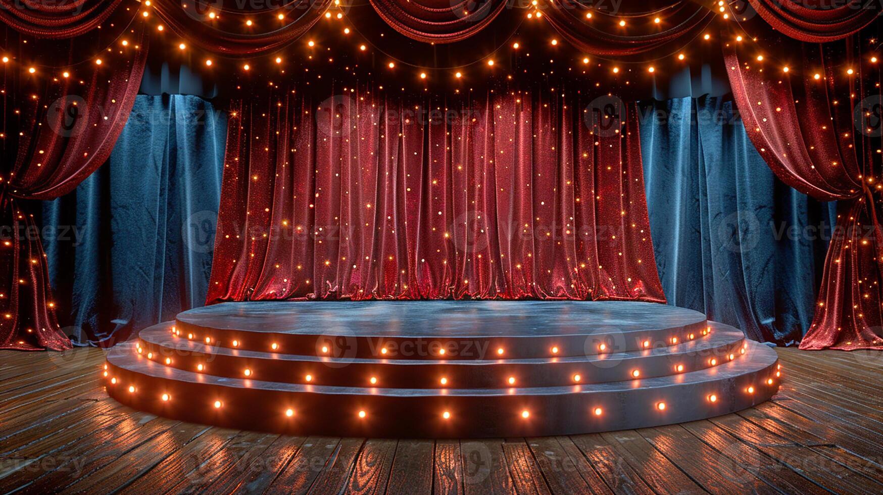 A stage with red curtains and lights photo