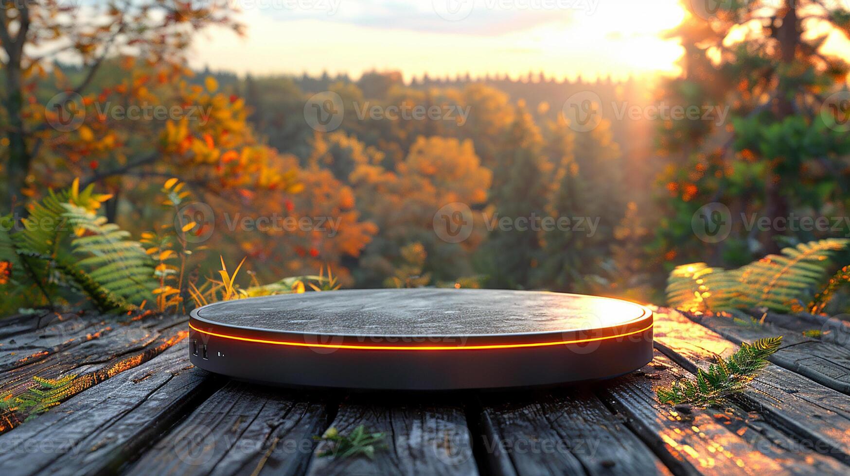 A smart speaker on a wooden table in the woods photo