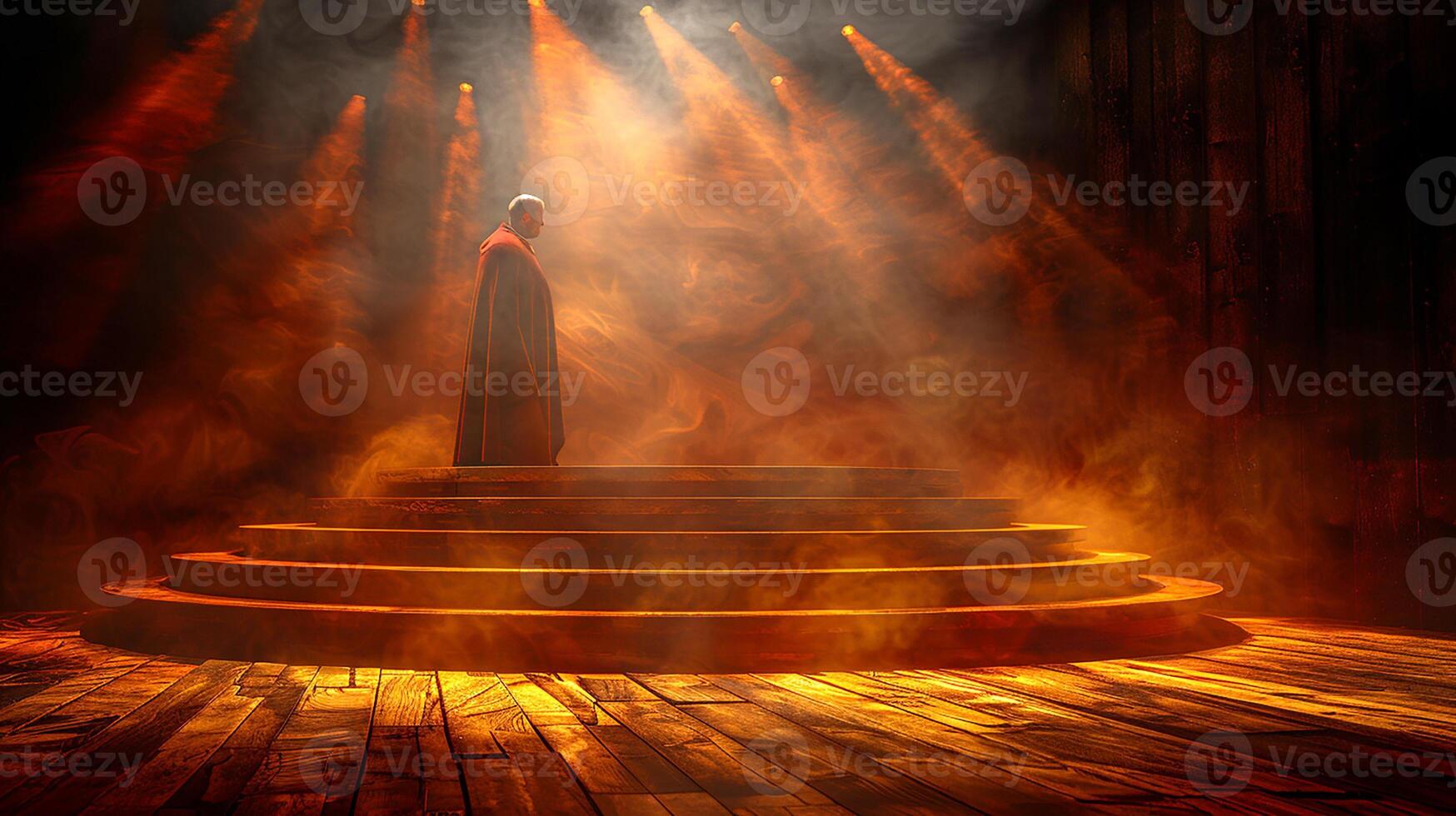 A man stands on a stage with a spotlight shining on him photo