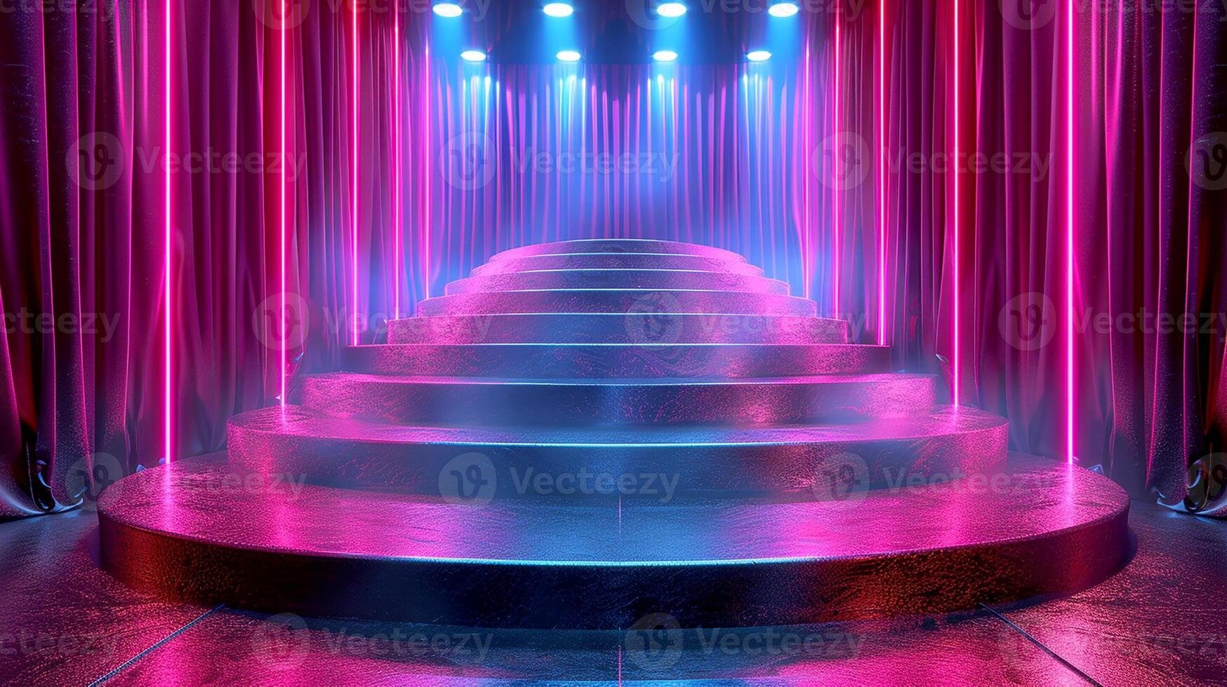 A stage with a purple curtain and a spotlight photo