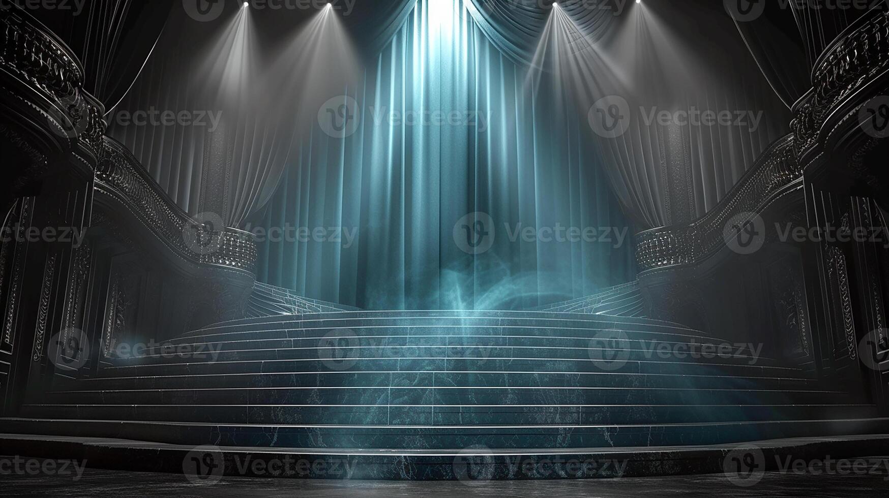 A dark room with a stage and stairs photo