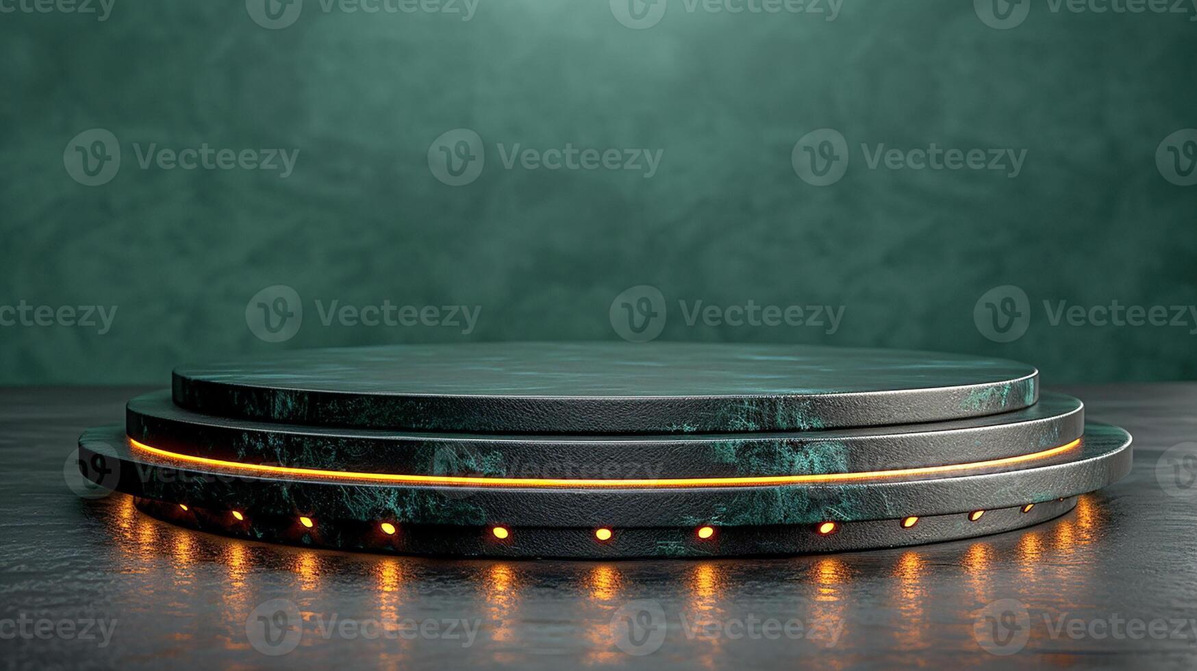 A round table with a green marble top and a light photo