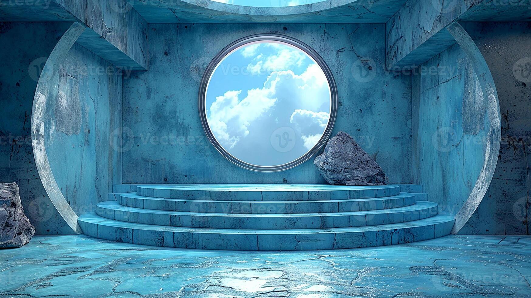 A blue room with a circular window and stairs photo