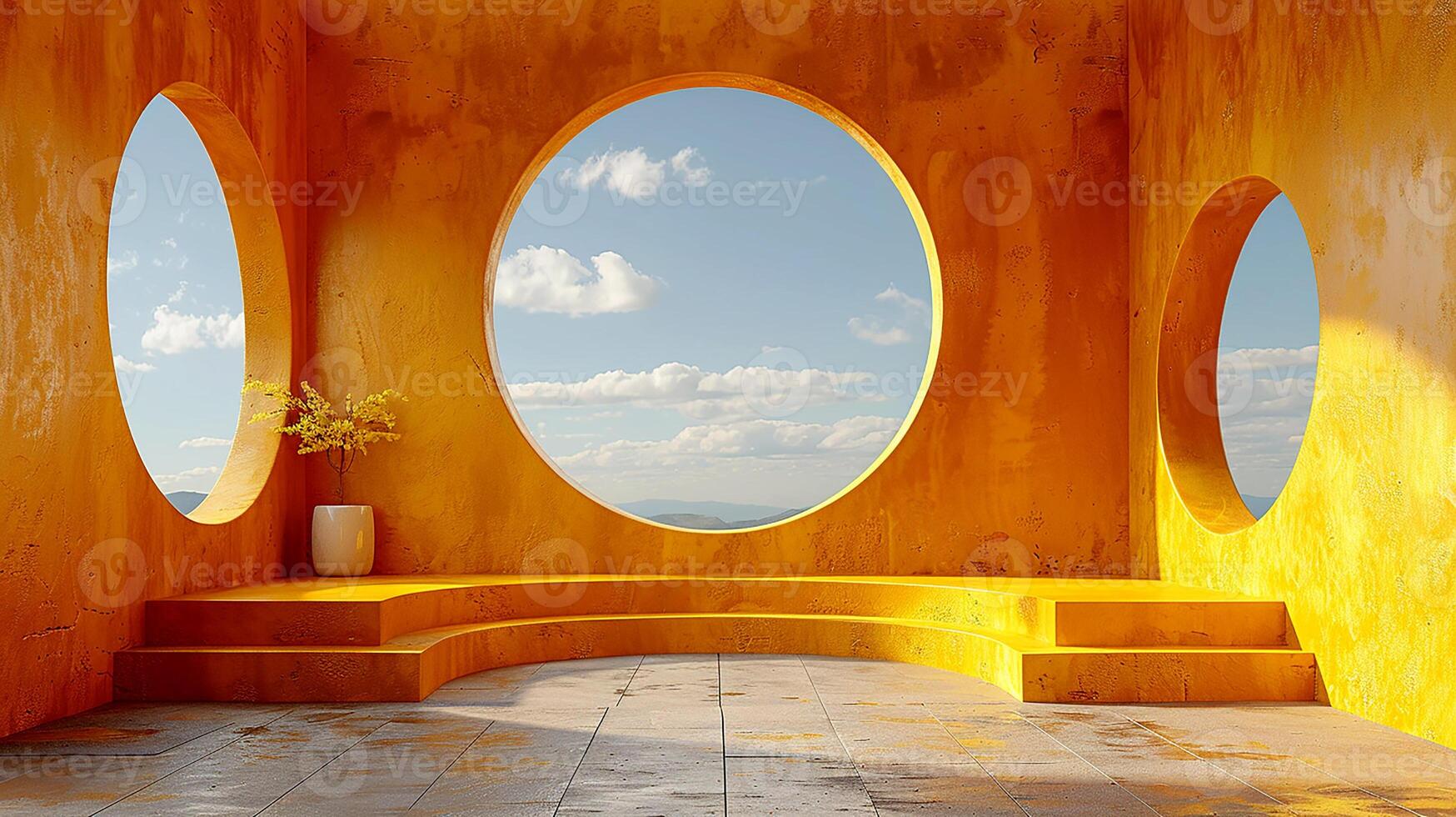 A room with a large window and a bench photo