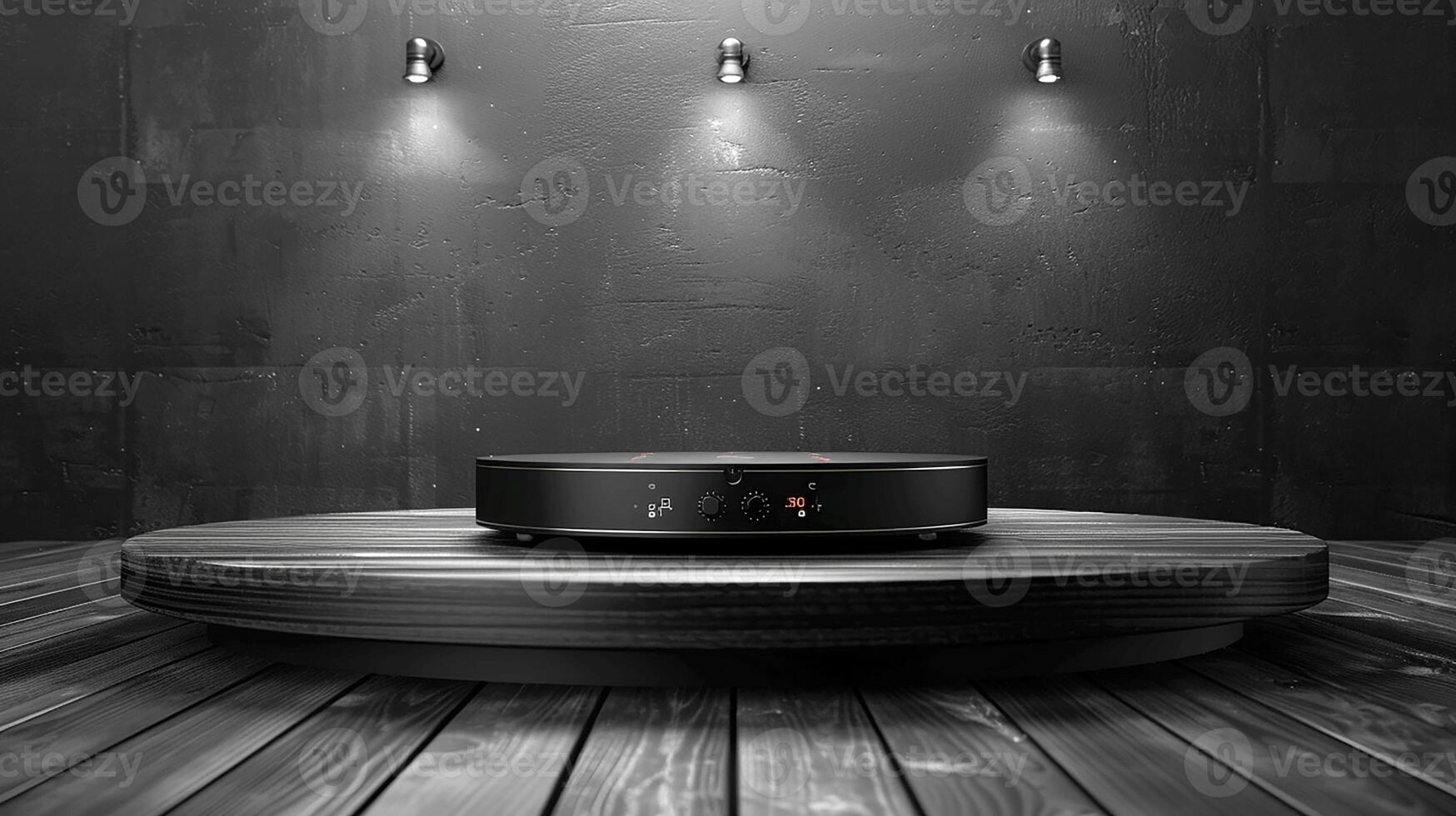 A black speaker sits on a wooden table in front of a wall photo