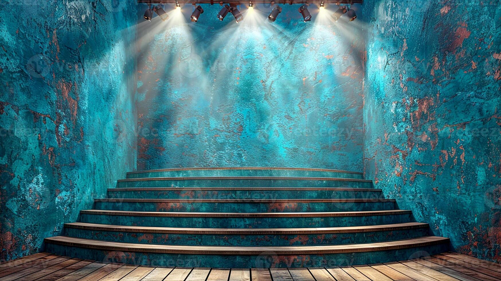 Stage with stairs and light beams in a blue room photo