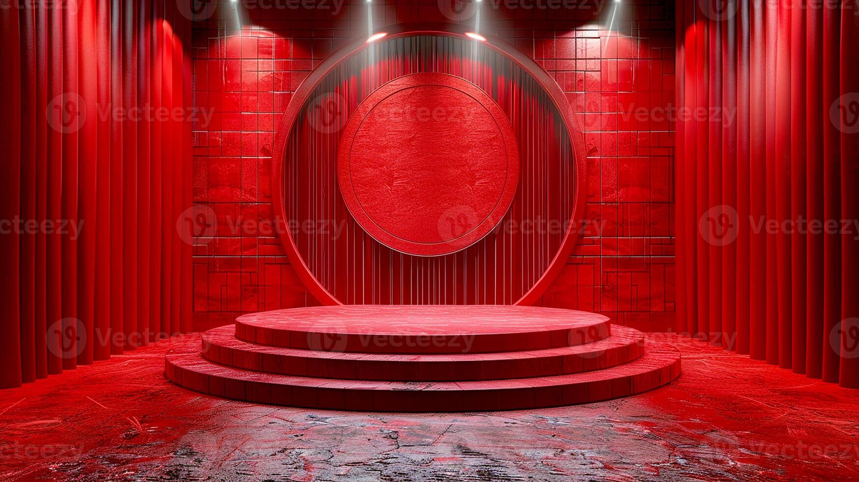 Red stage with red curtains and spotlight photo
