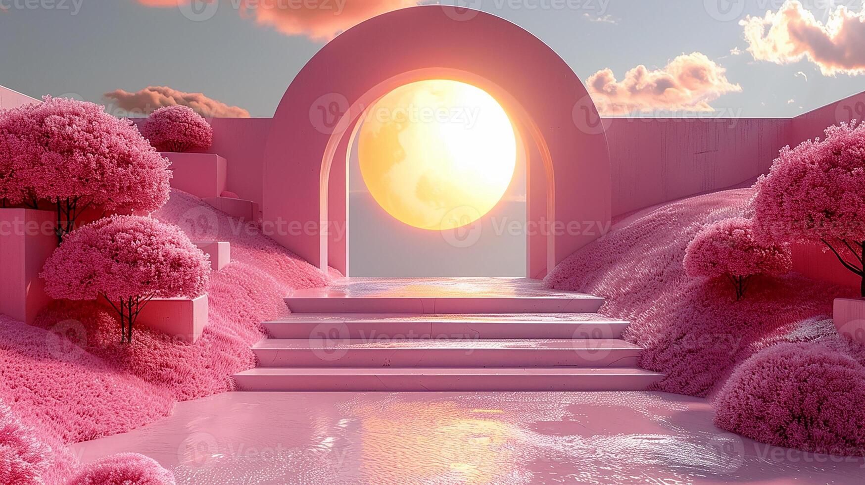 A pink gate with a sun shining through it photo