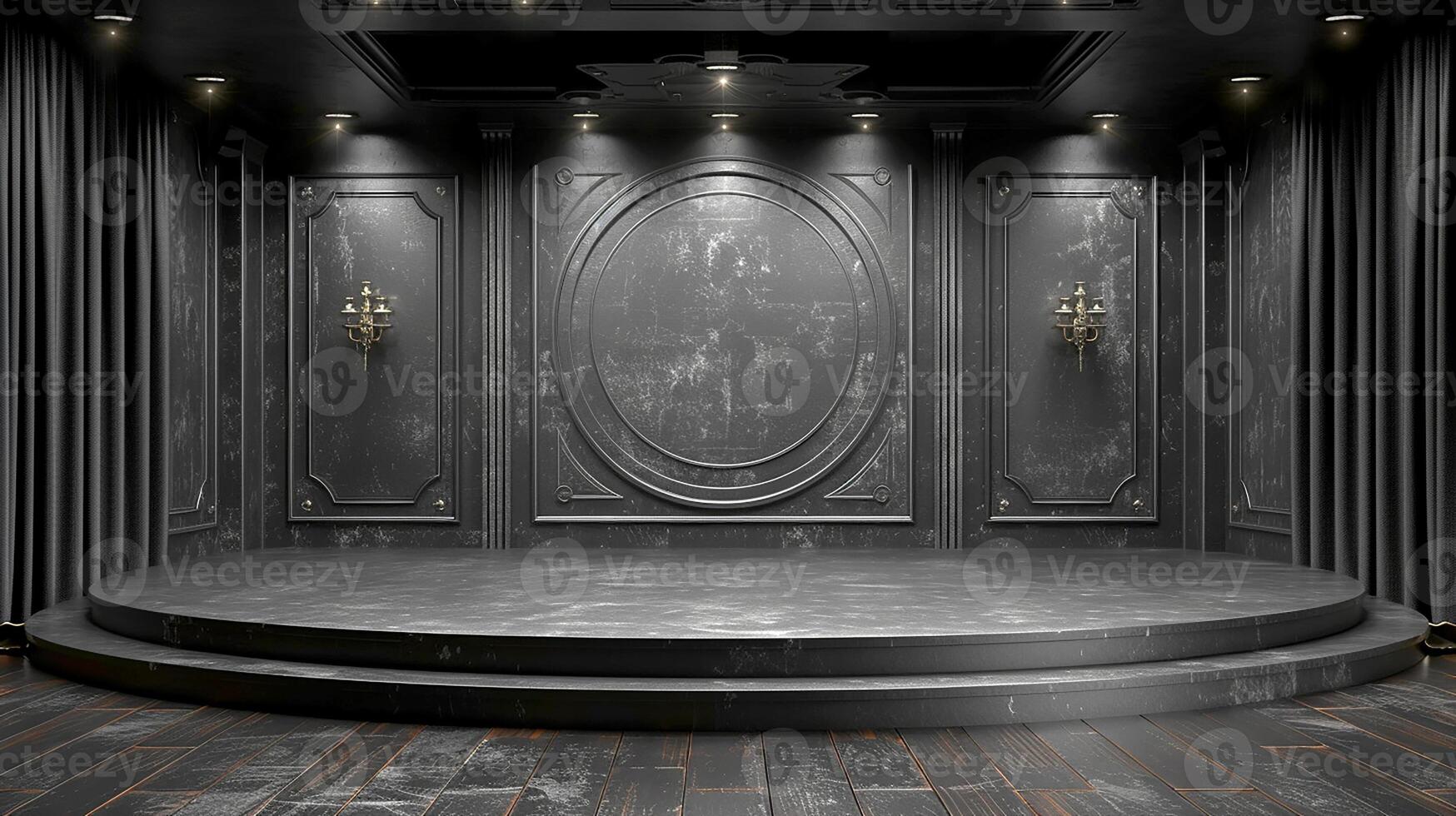 An empty stage with black walls and a round stage photo