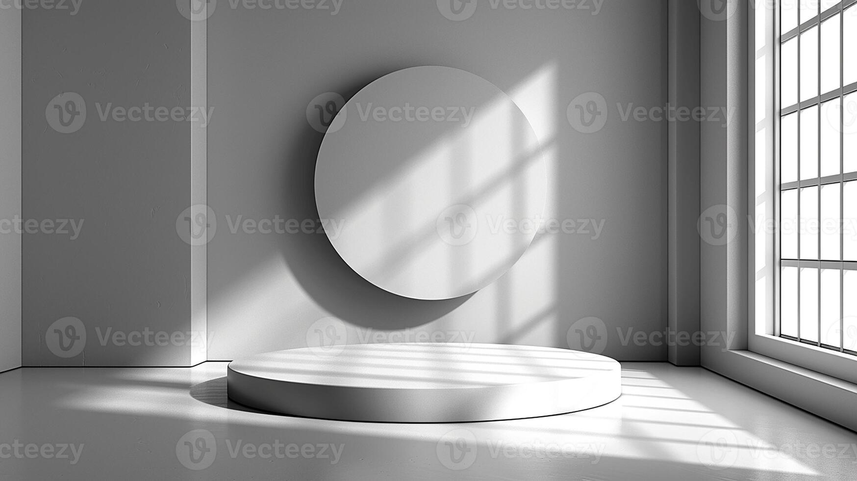 Empty room with a round mirror and a window photo