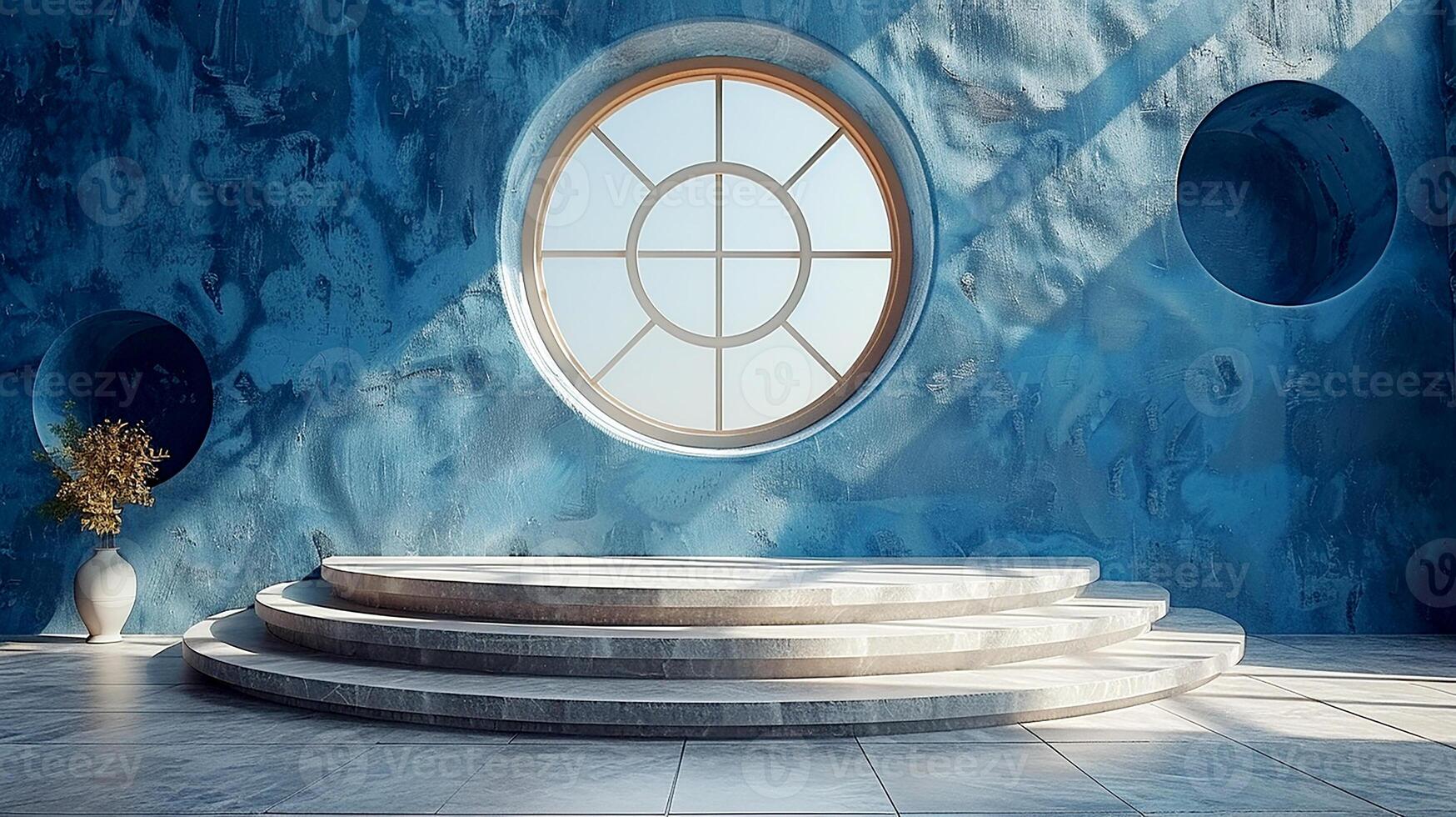 A blue room with a round window and stairs photo