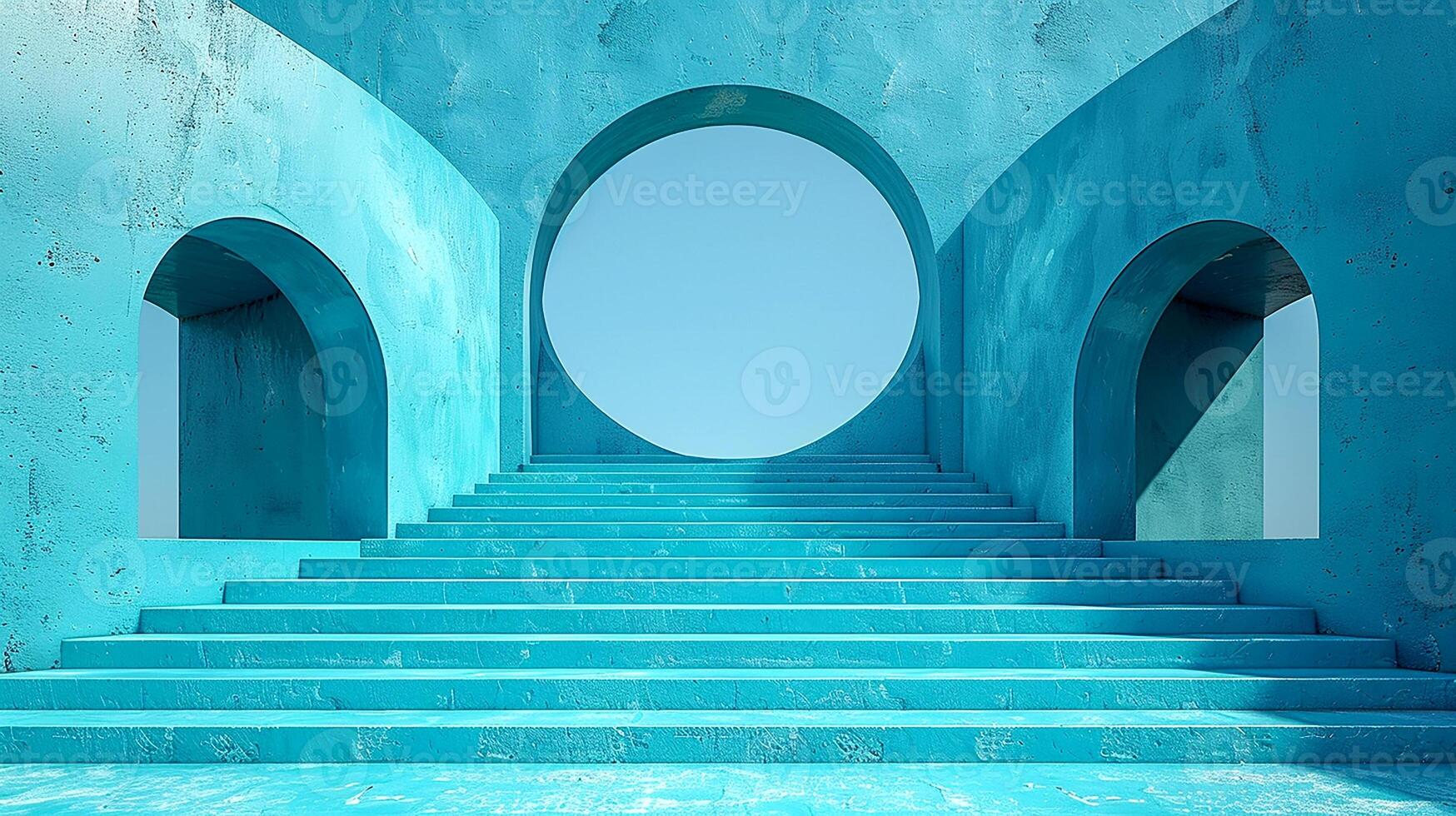 Blue stairs with circular arches and a blue sky photo