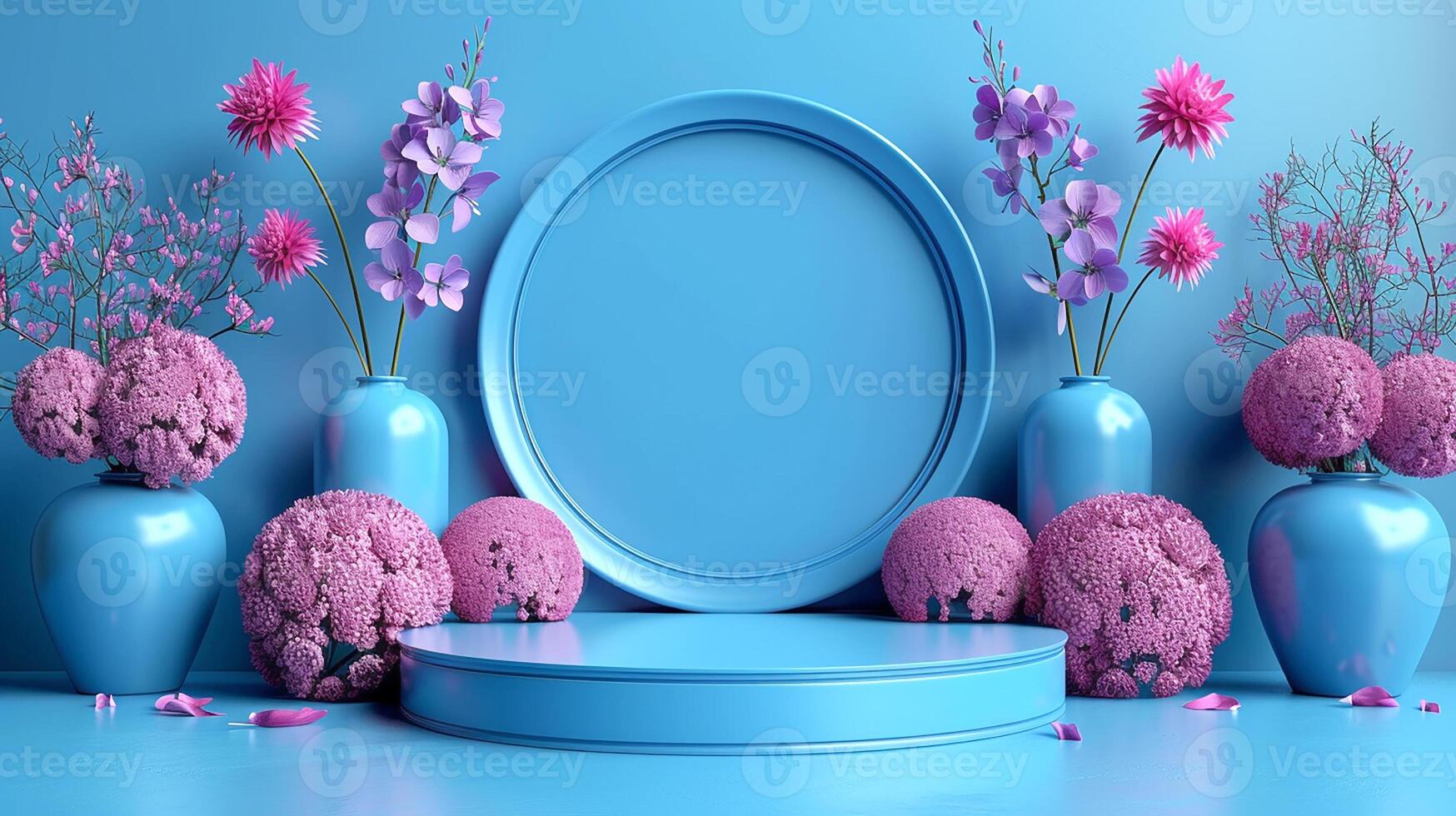 A blue background with a round mirror and flowers photo