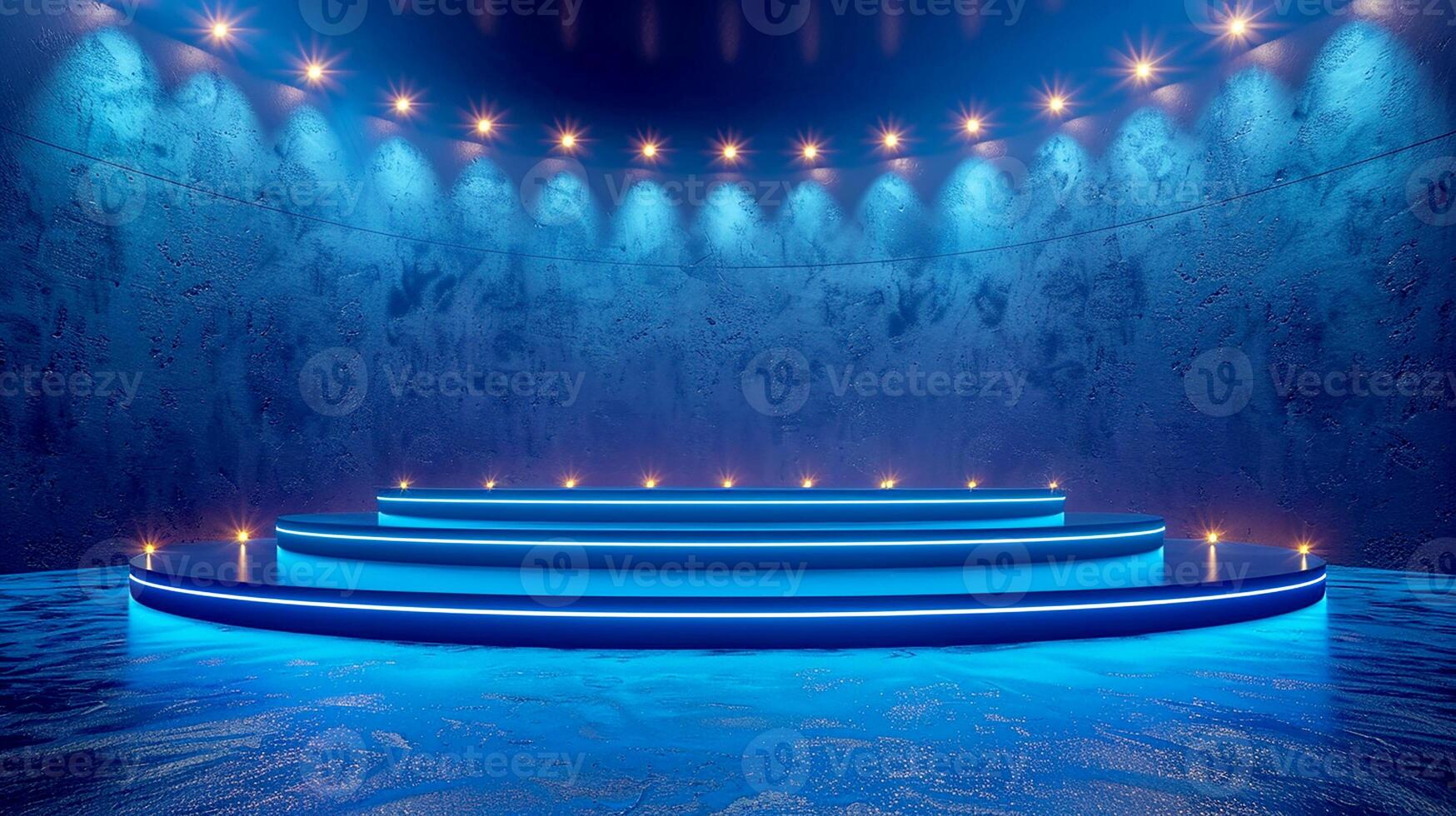 A stage with blue lights and candles photo