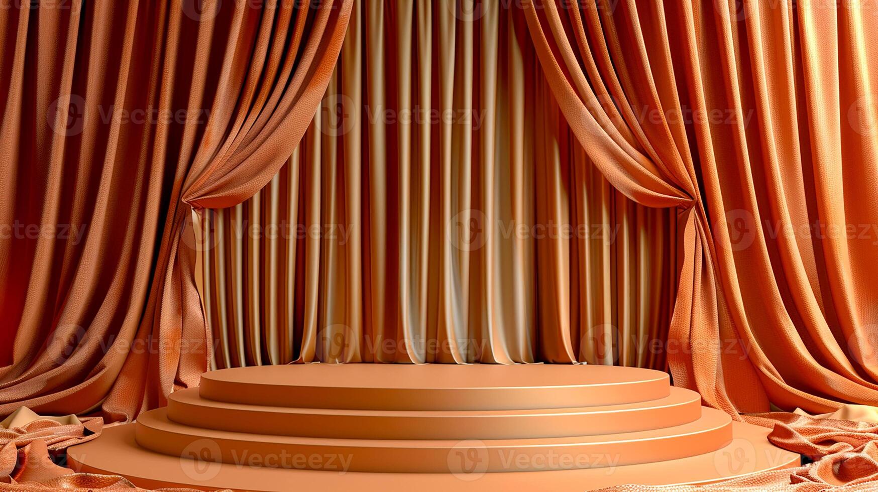 An empty stage with orange curtains and a podium photo