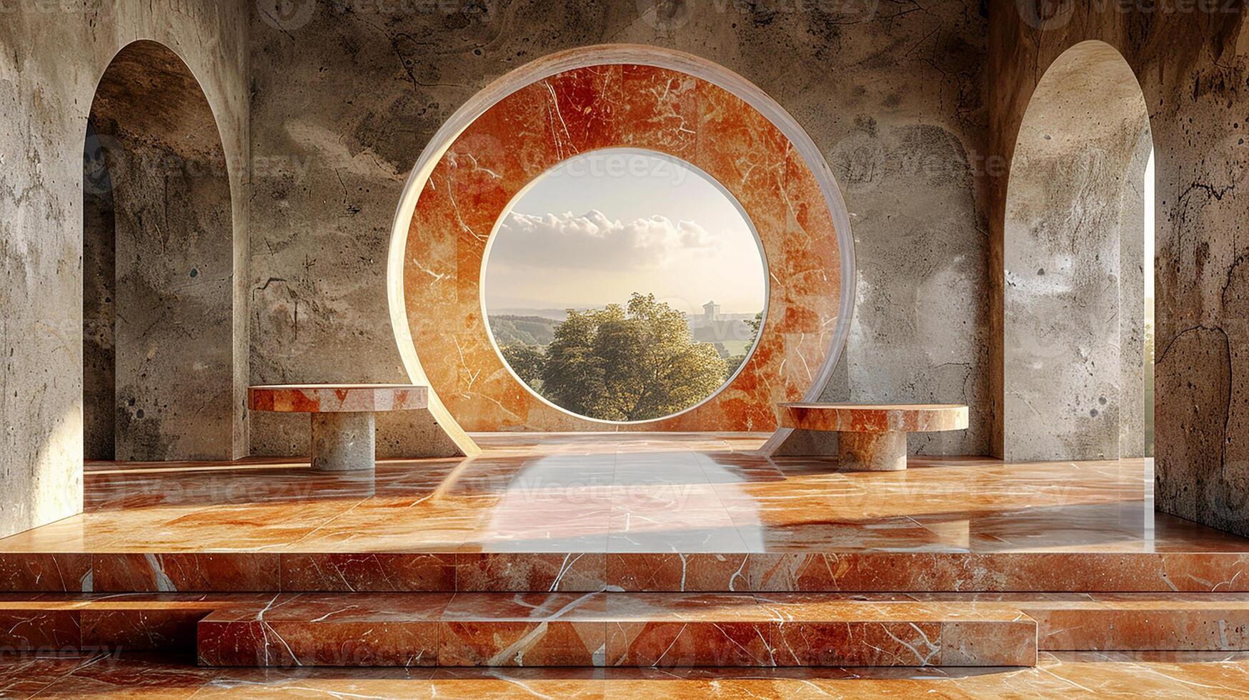 A large room with a large window and a marble floor photo