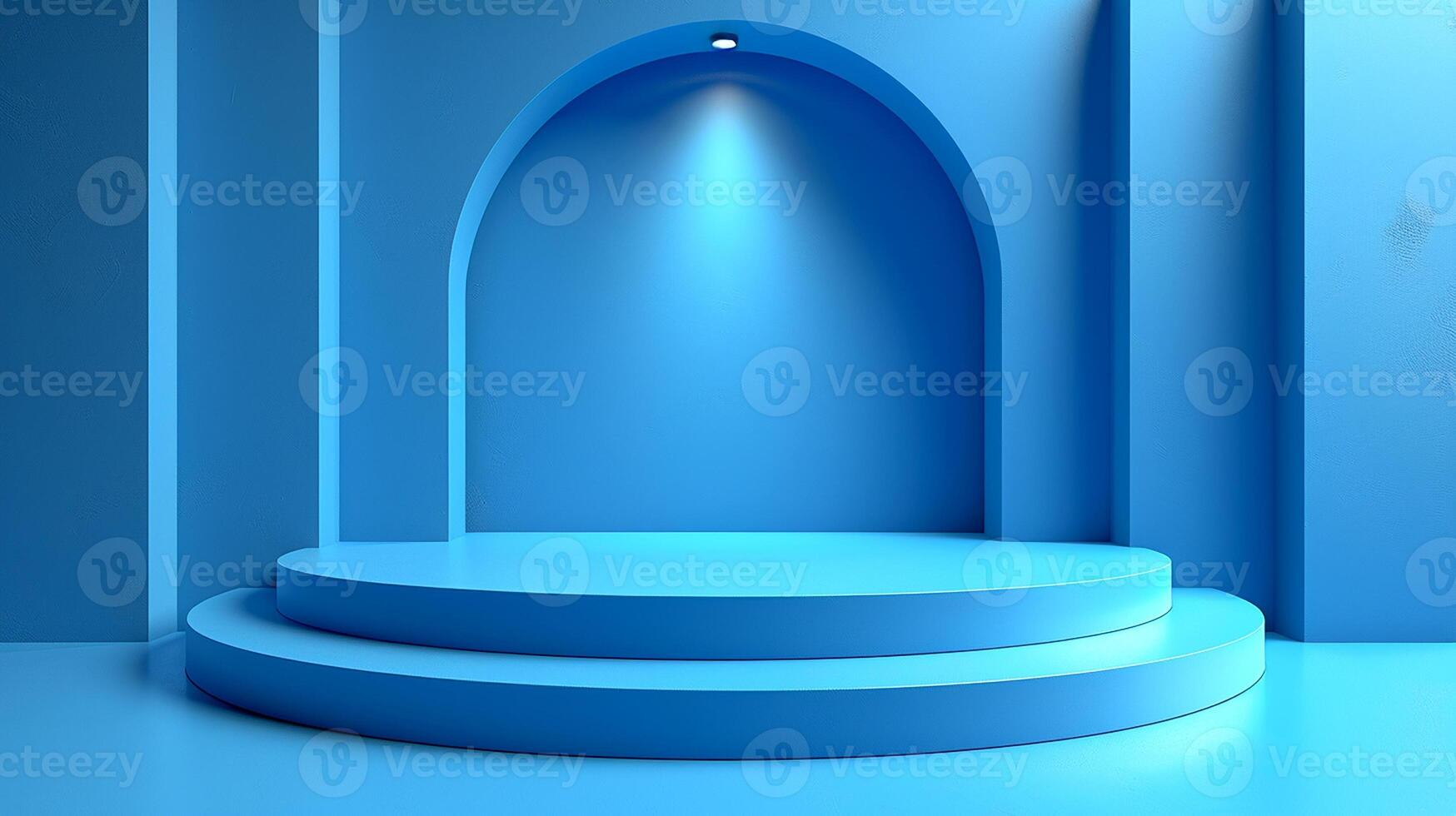 An empty stage with a blue wall and archway photo