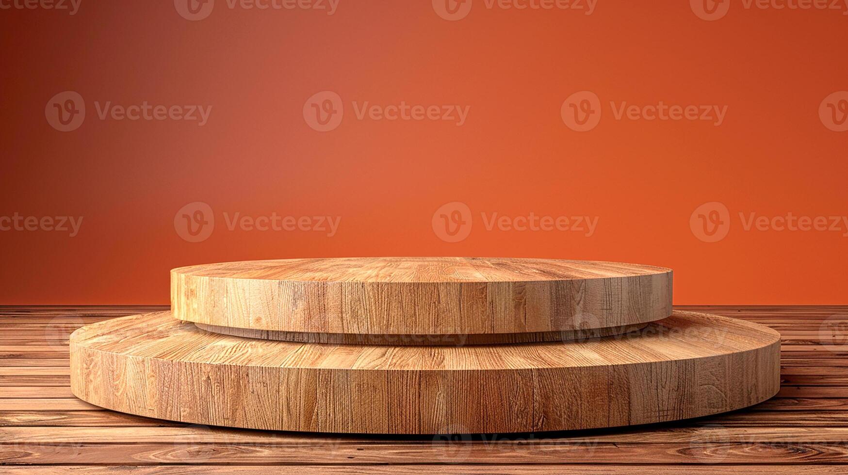 Wooden podium on wooden floor with orange wall background photo