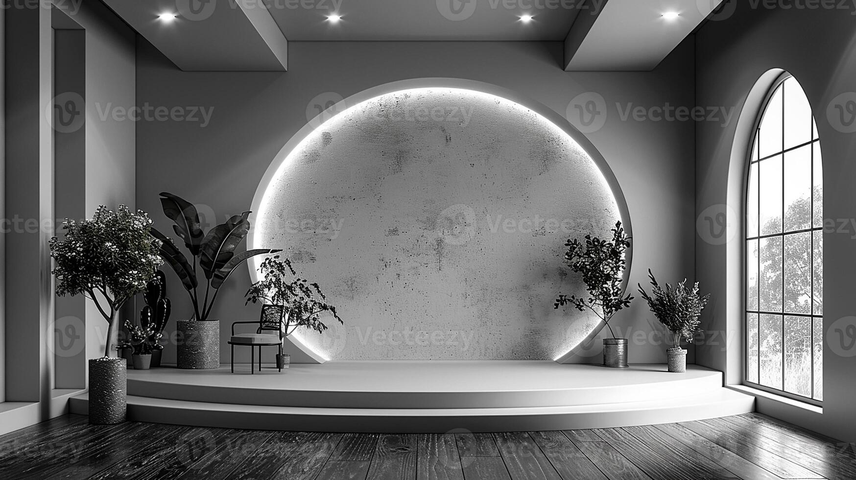 A black and white photo of a room with a round window