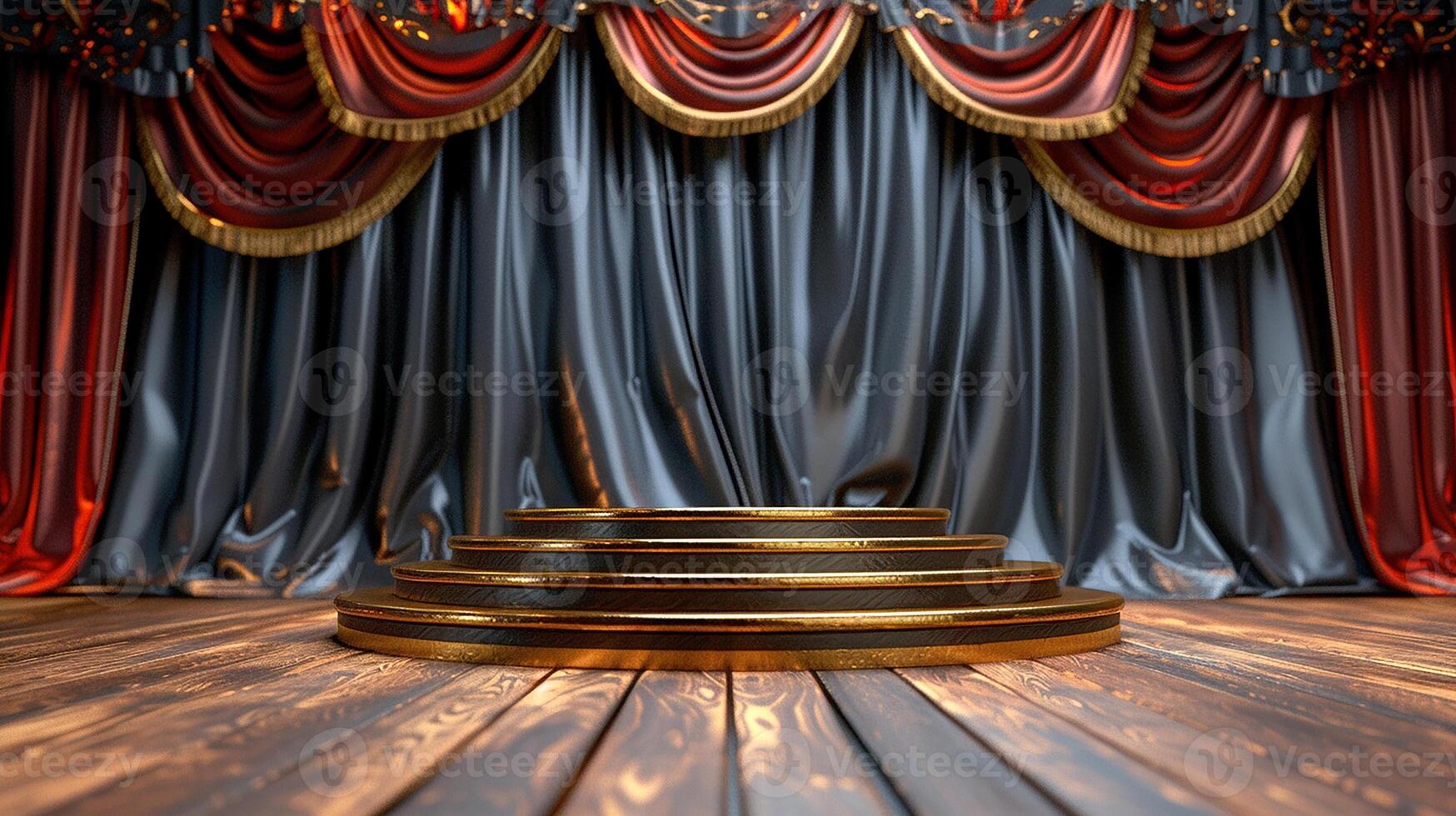 A stage with a wooden floor and red curtains photo