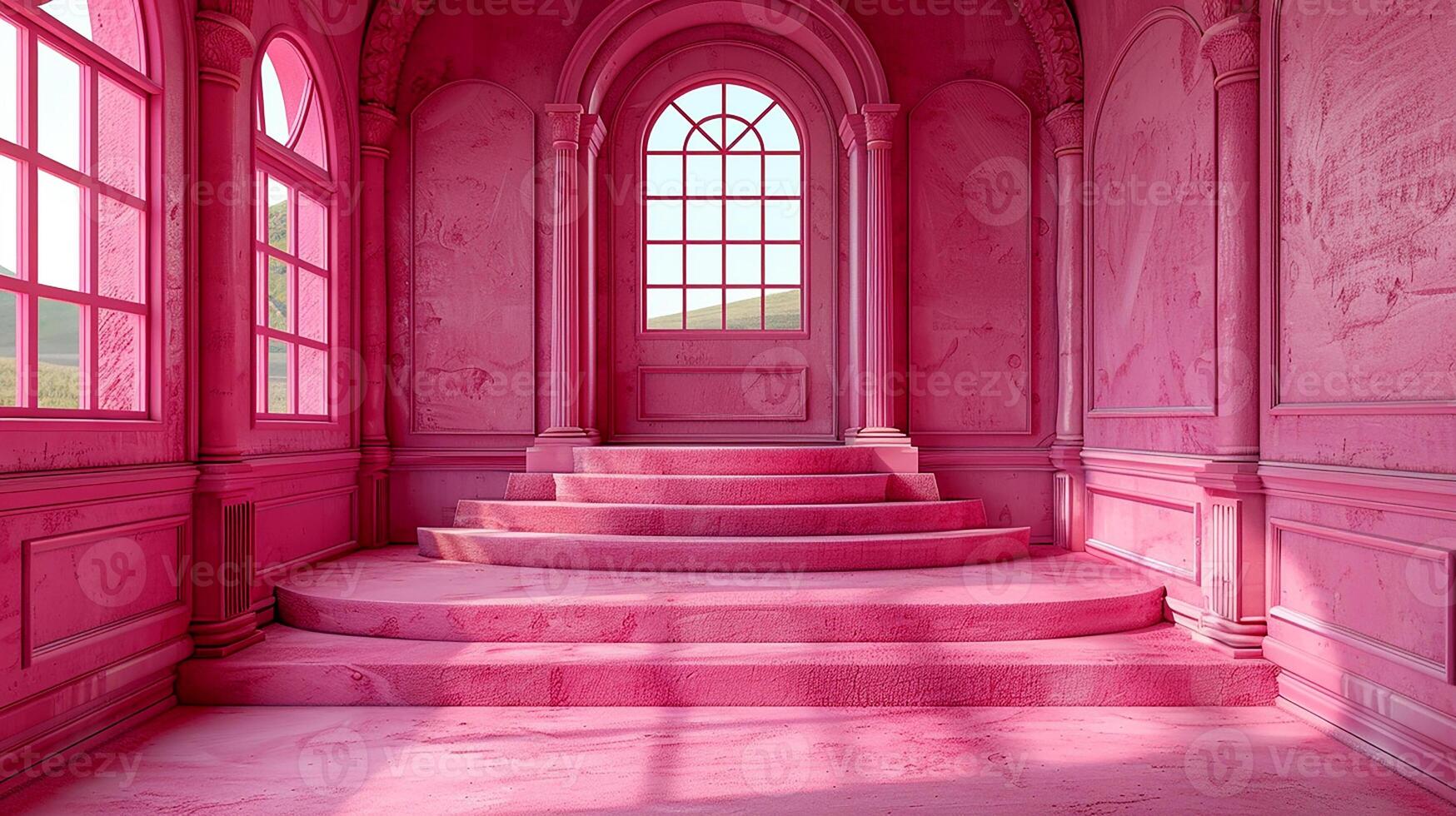 A pink room with stairs and a window photo