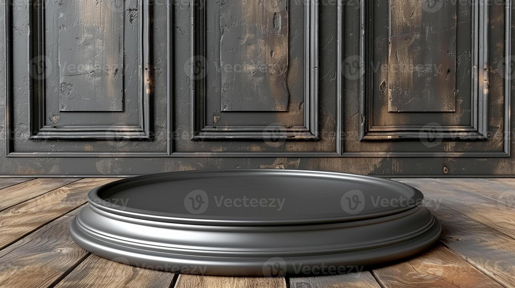 An empty pedestal on a wooden floor in front of a wall photo