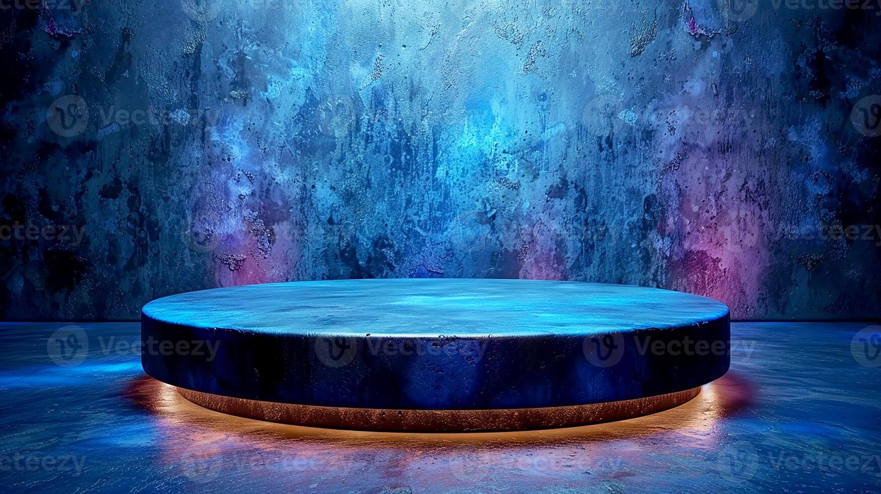 A round table in front of a wall with blue lights photo