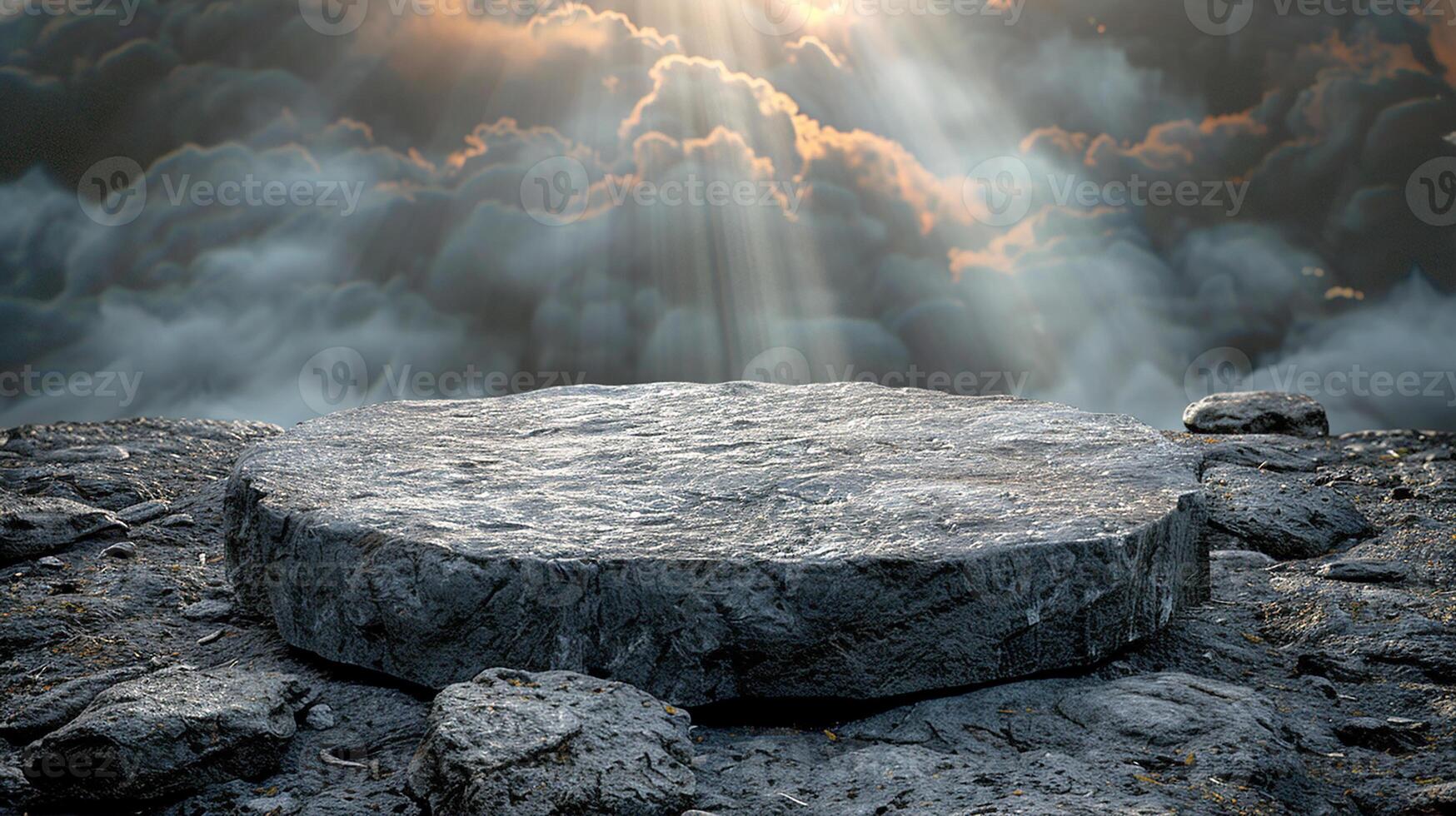 A stone slab on top of a rocky hill with clouds in the background photo