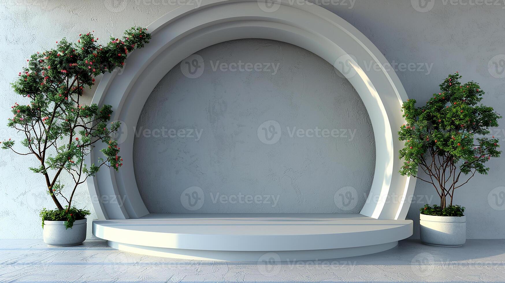 A white stage with a large arch and potted plants photo