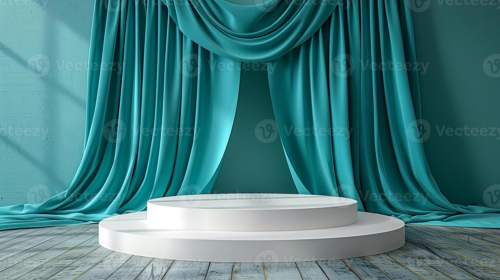 A white podium with a blue curtain in front of it photo