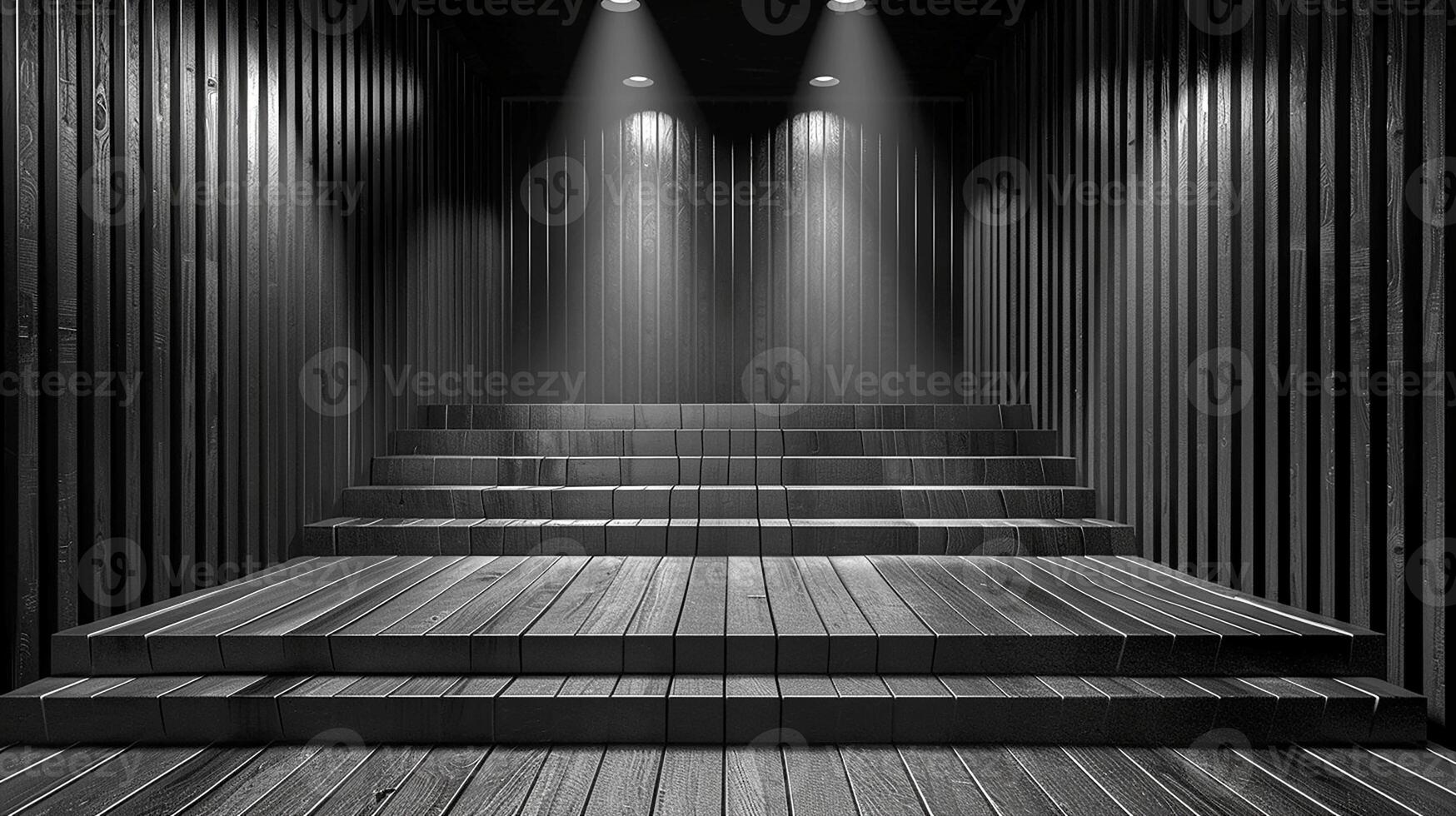 Black and white photo of a dark room with stairs