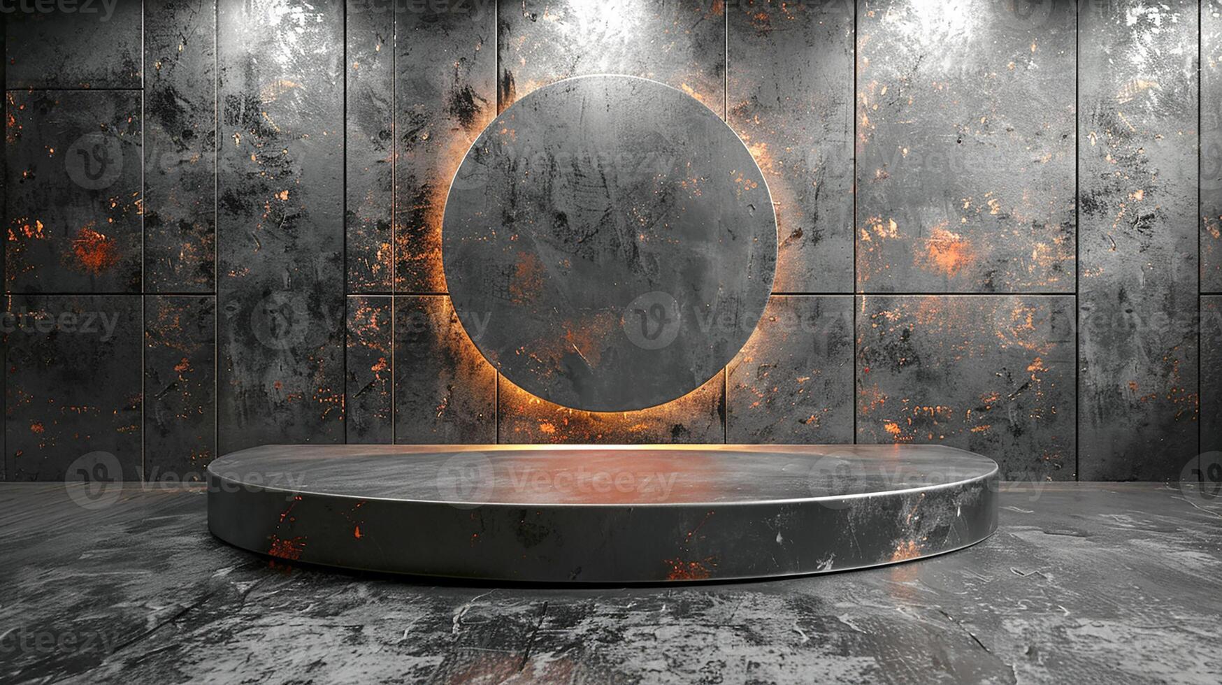 A circular mirror in a room with a wall photo