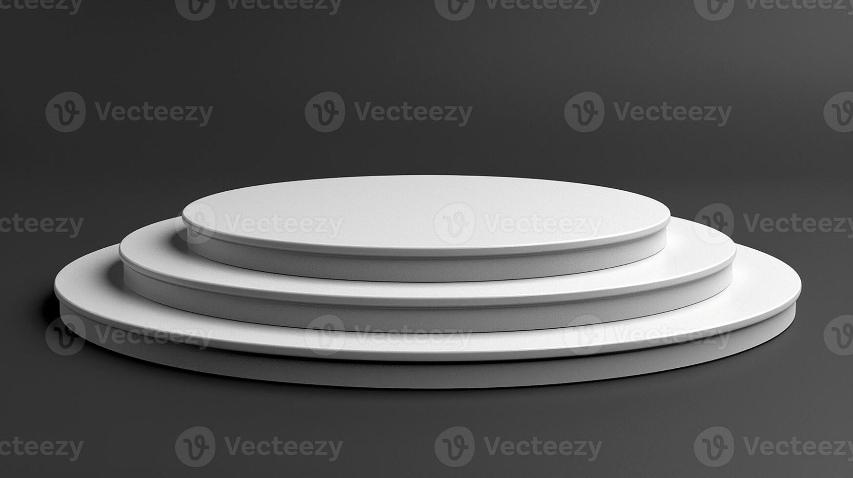 A white podium with three round plates on top photo