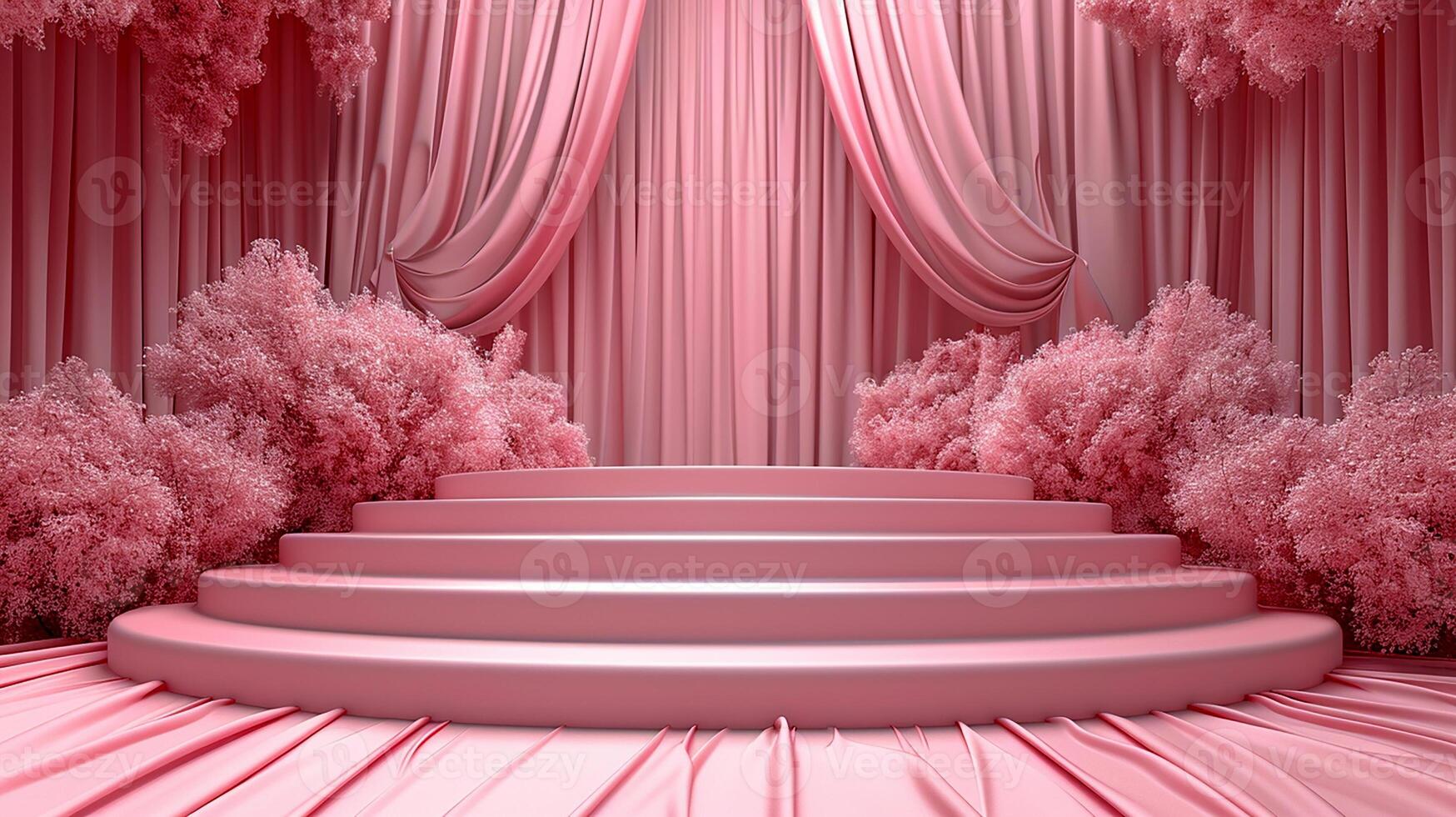 A pink stage with a curtain and a stage photo